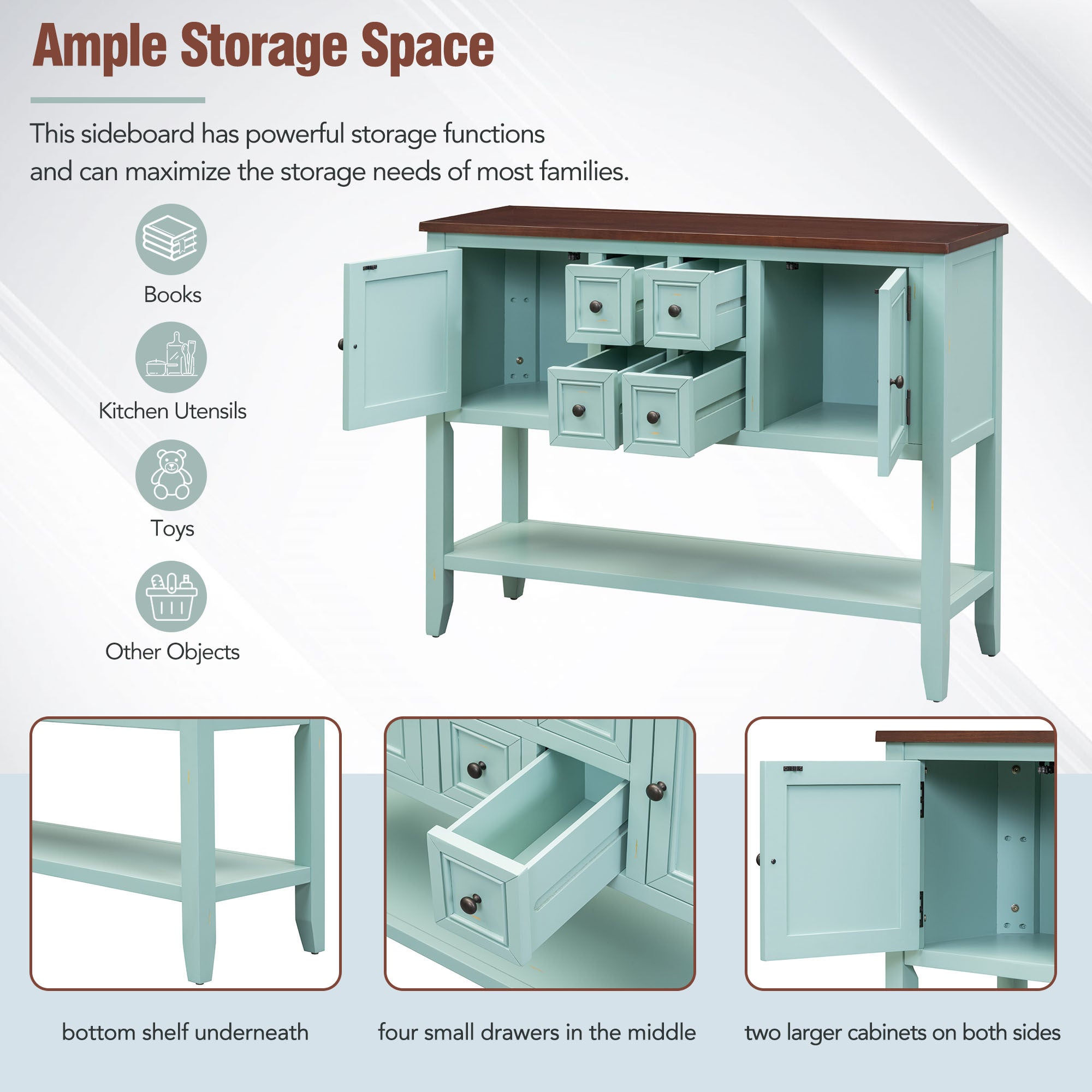 TREXM Cambridge Series  Ample Storage Vintage Console Table with Four Small Drawers and Bottom Shelf for Living Rooms, Entrances and Kitchens (Retro Blue, OLD SKU: WF190263AAC)