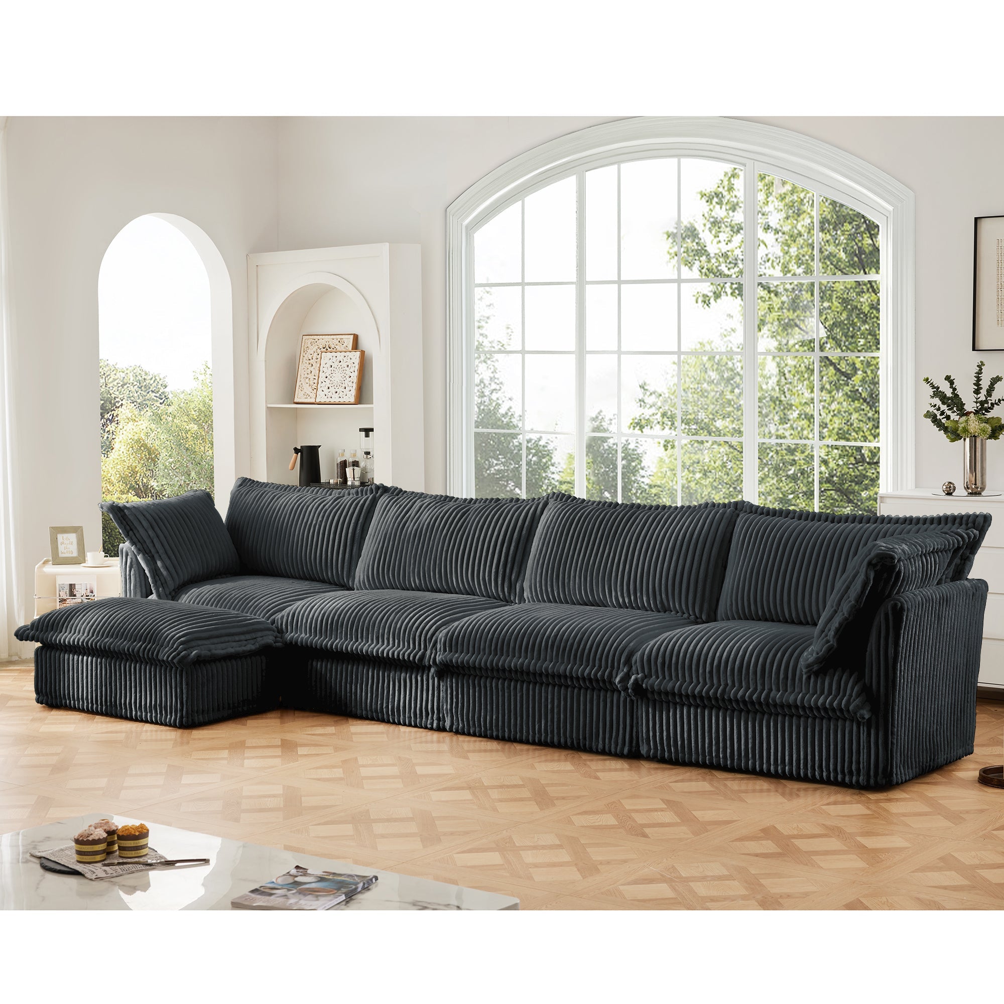 Slipcovered L Shape Sectional Long Sofa Couch, 4 Seater Sofa with Suppleness Armrests,Deep Seat Sofa with 2 Big Pillows, Comfy Couch for Living Room, Apartment, Gray
Corduroy Fabric