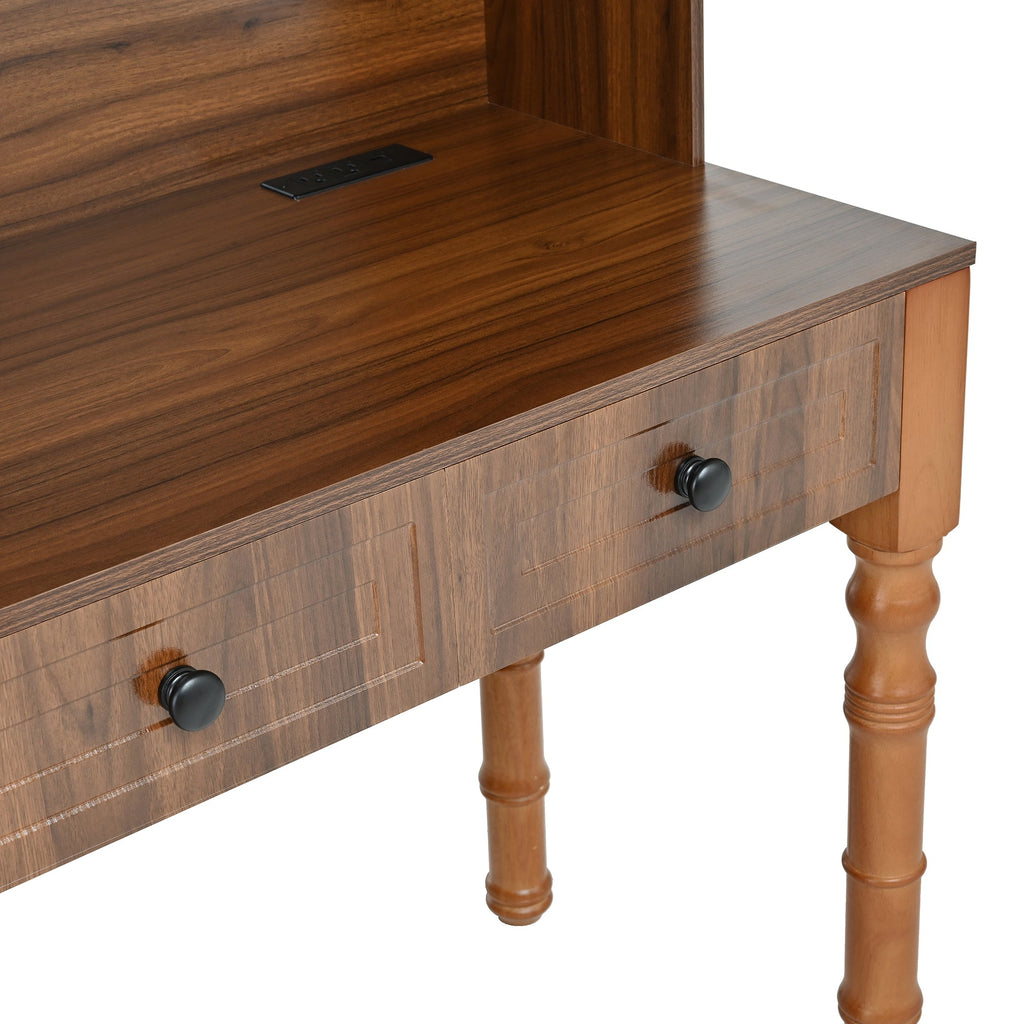 47'' Retro Desk with Charging Ports and Hutch Cabinet, Office Desk with 5 Storage Drawers and Transparent Glass-Door Bookshelf, Executive Computer Desk for Home Office, Bedroom, Walnut