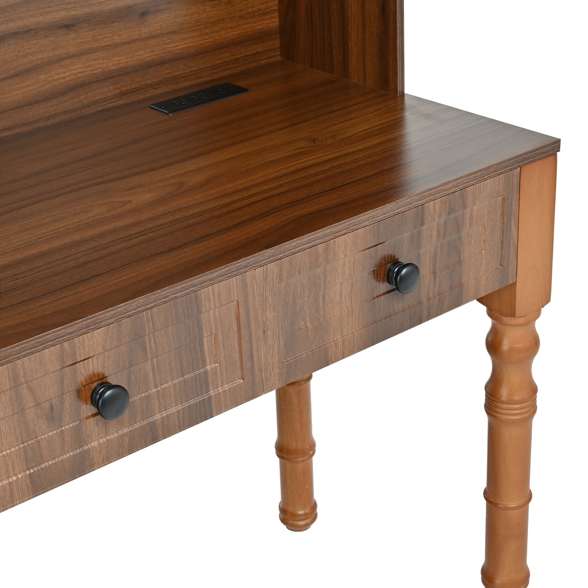 47'' Retro Desk with Charging Ports and Hutch Cabinet, Office Desk with 5 Storage Drawers and Transparent Glass-Door Bookshelf, Executive Computer Desk for Home Office, Bedroom, Walnut
