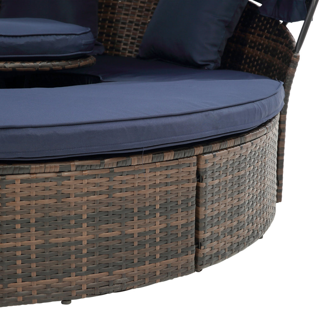 Hot Sale KD Rattan Round Lounge With Canopy Bali Canopy Bed Outdoor, Wicker Outdoor Sofa Bed with lift coffee table