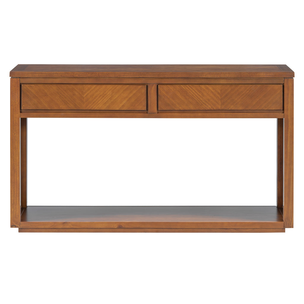 TREXM 55' Console Table, Rustic Wooden Entryway Table with Storage Drawers and Open Shelf, Elegant Sofa Table for Hallway and Living Room (Honey)