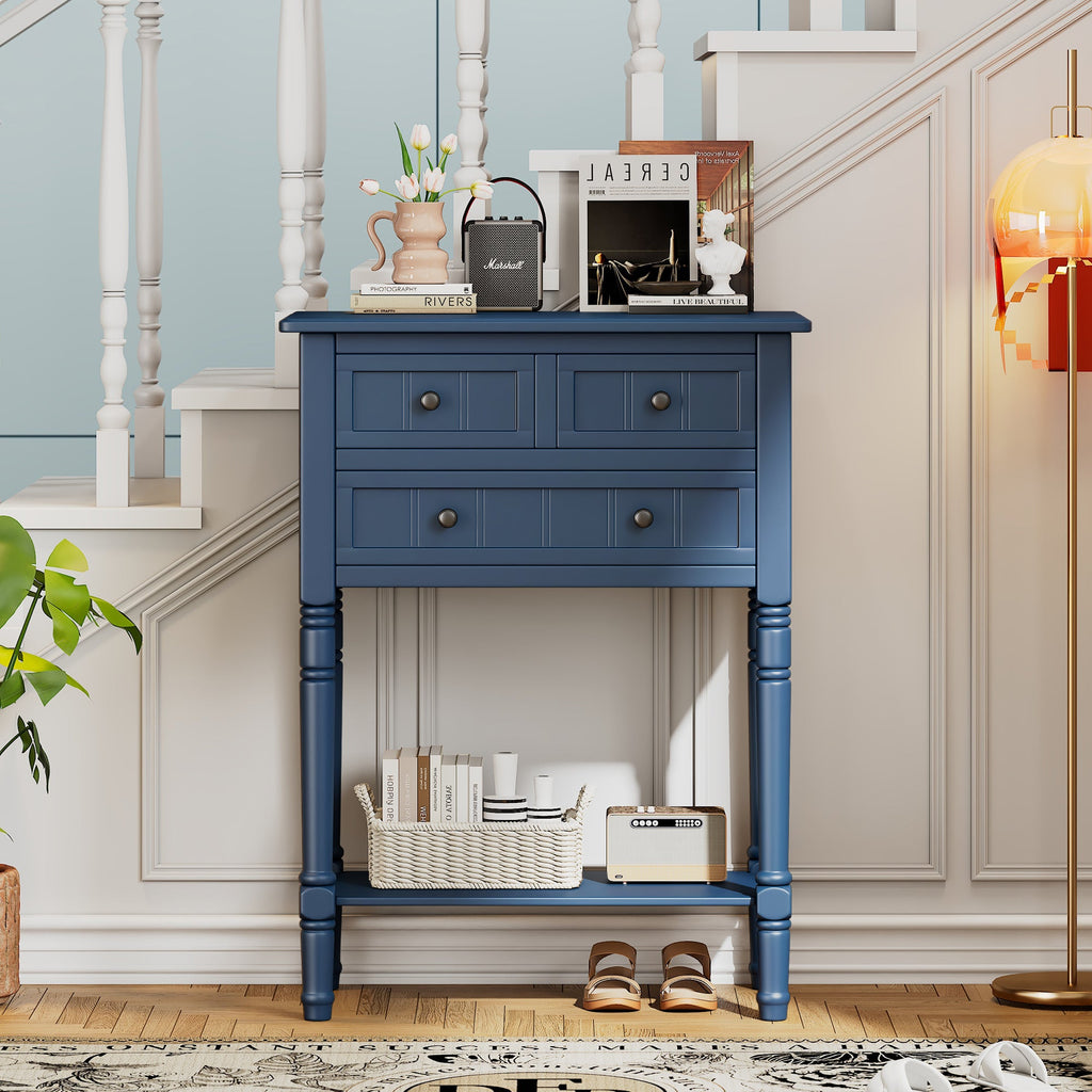 TREXM Narrow Console Table, Slim Sofa Table with Three Storage Drawers and Bottom Shelf (Navy)