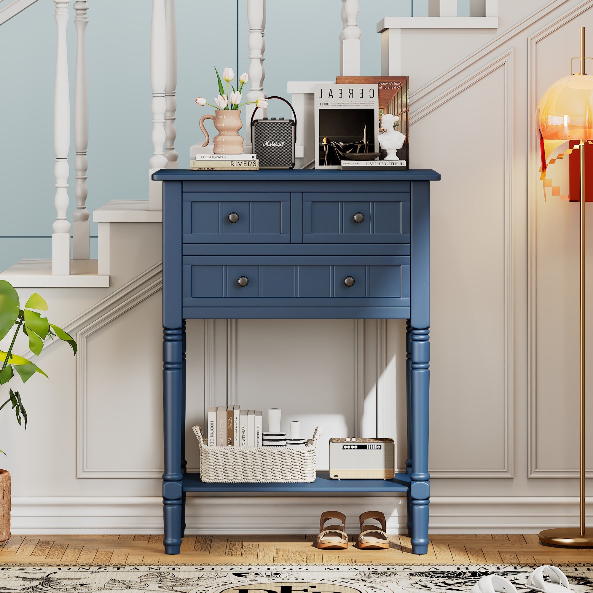 TREXM Narrow Console Table, Slim Sofa Table with Three Storage Drawers and Bottom Shelf (Navy)