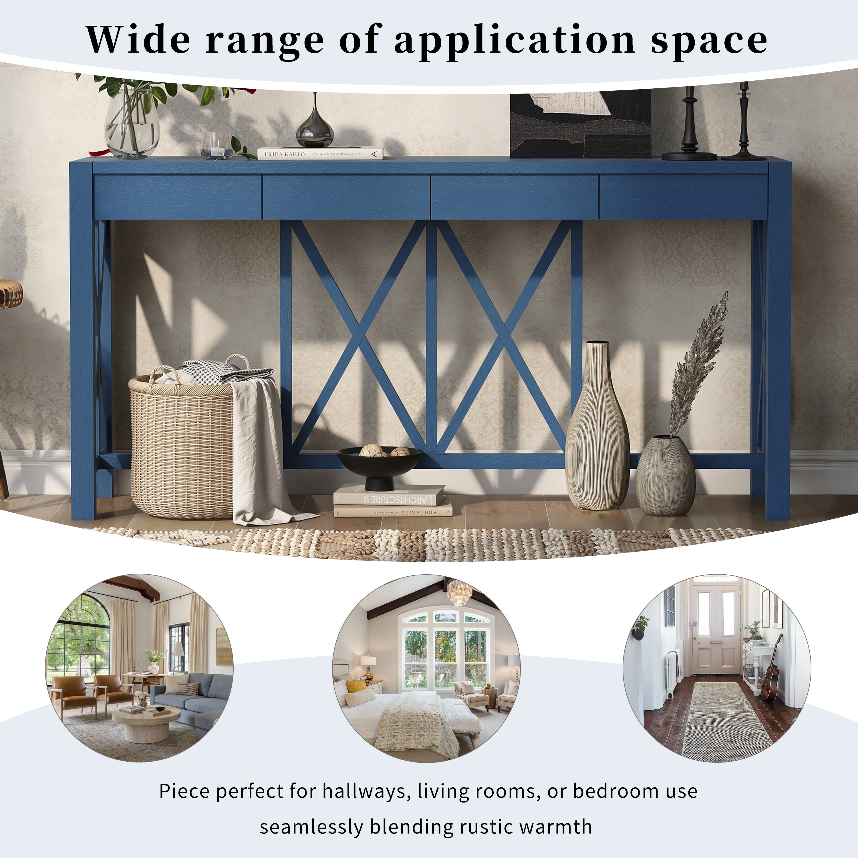 U_Style 60''Acacia Veneer Console Table with 4 Spacious Drawers, Modern Crisscross Design Entryway Table with Open Bottom Storage,Farmhouse Sofa Table for Living Room,Kitchen,Dining Room,Hallway