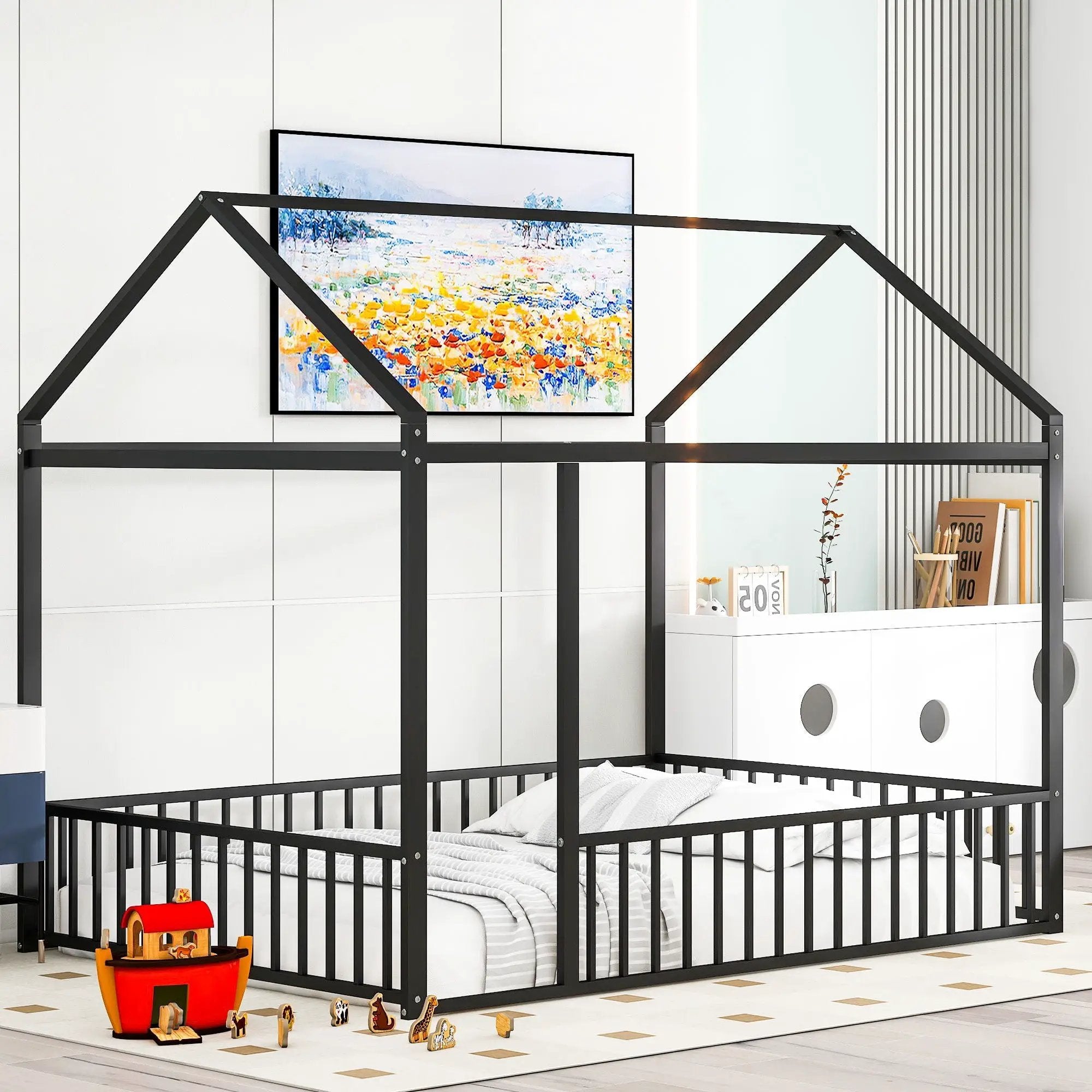 Metal Bed House Bed Frame With Fence