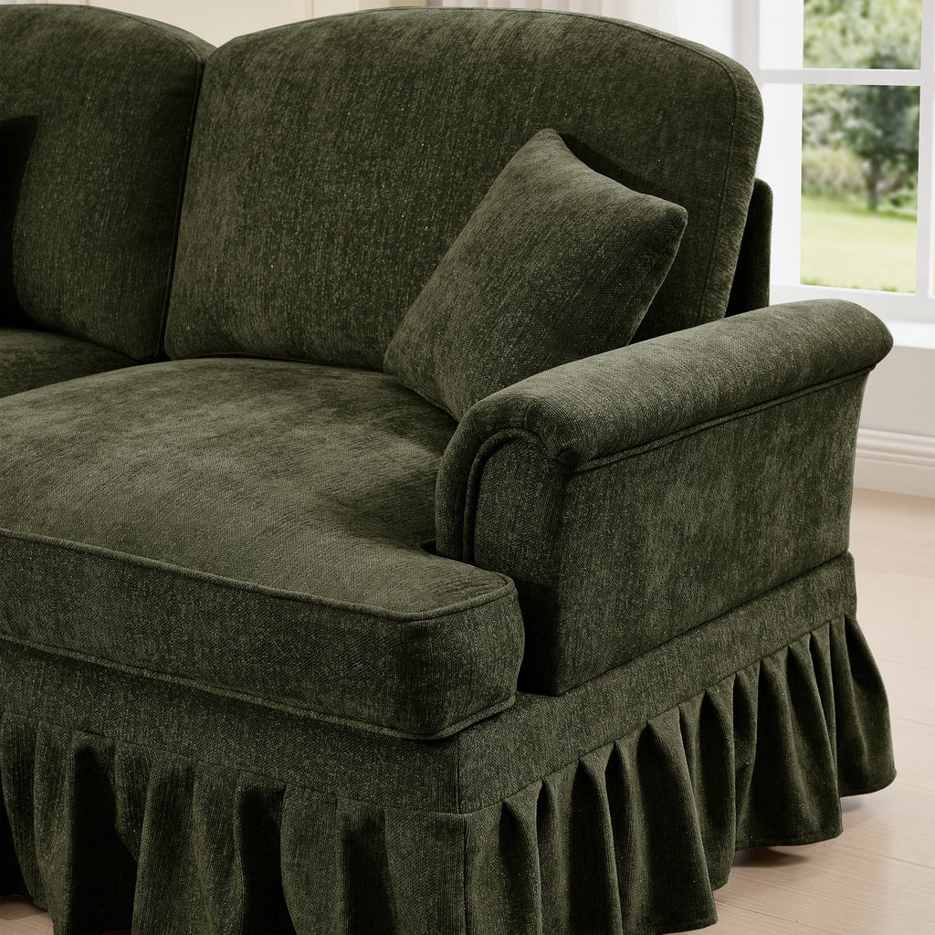 Classic U Shape 4 Seater Modular Sectional Sofa Couch with Flared Arms and Removable Ruffles Pleats Skirts and Spindle Legs, Chenille Deep Seat Cloud Sofa with Movable Ottomans, Green