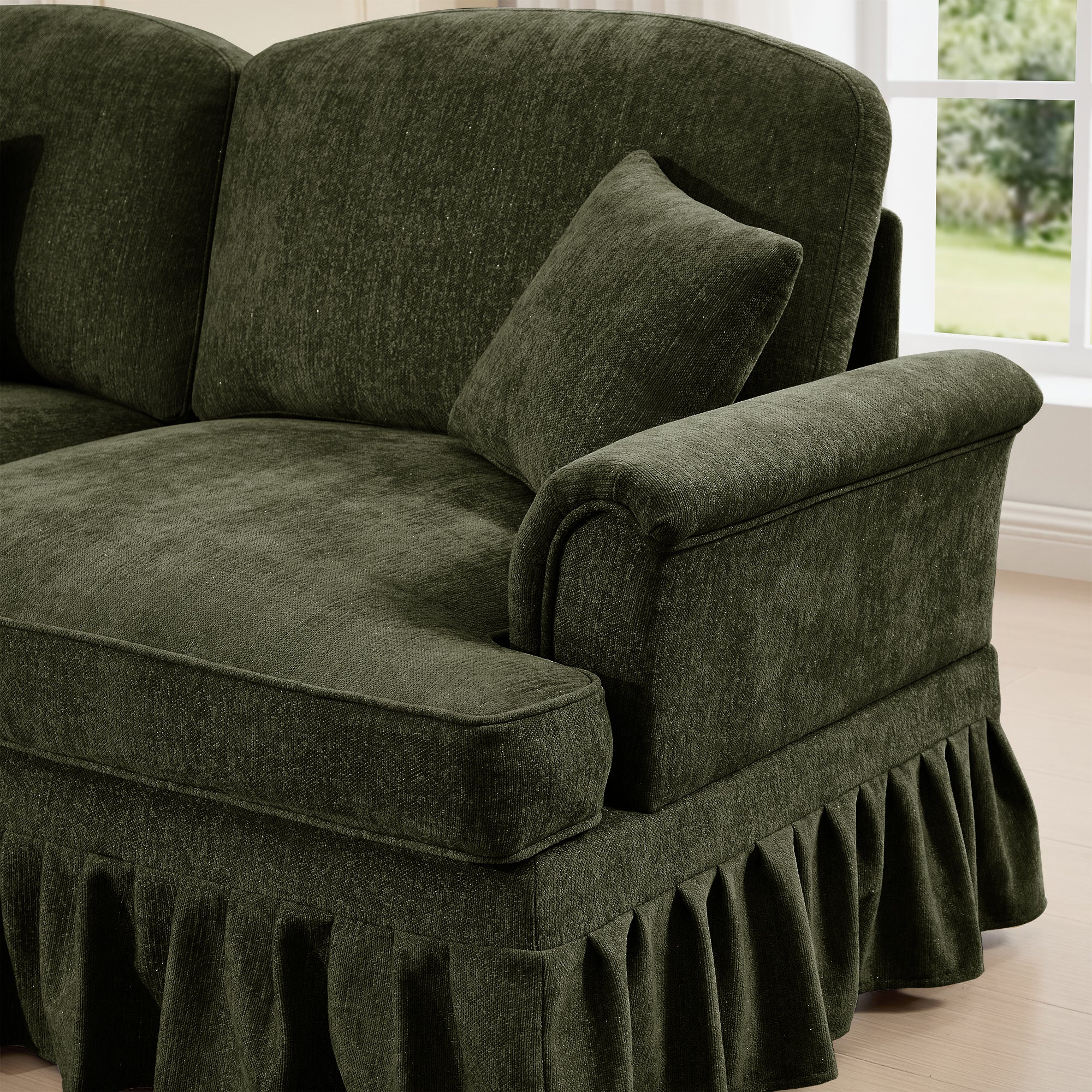 Classic 2 Piece Modular Couch Living Room Sofa Set with Flared Arms and Removable Ruffles Pleats Skirts and Spindle Legs, 3 Seater Sofa + 2-Seat Loveseat Sofa Sets for Living Room,Green