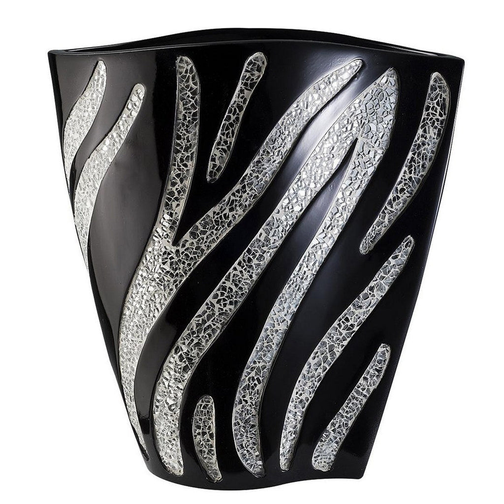 14" Tall Polyresin Decorative Vase, Black finish with Silver Zebra Pattern