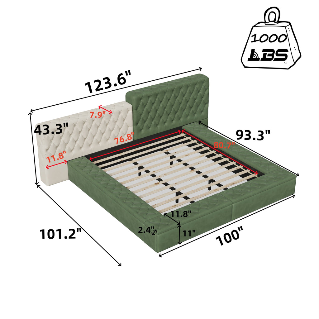 Contemporary Special-shaped Fully Upholstered Bed with Deep Button Tufting and Storage Compartments in Rails and Footboard,No Box Spring Needed,King,Green