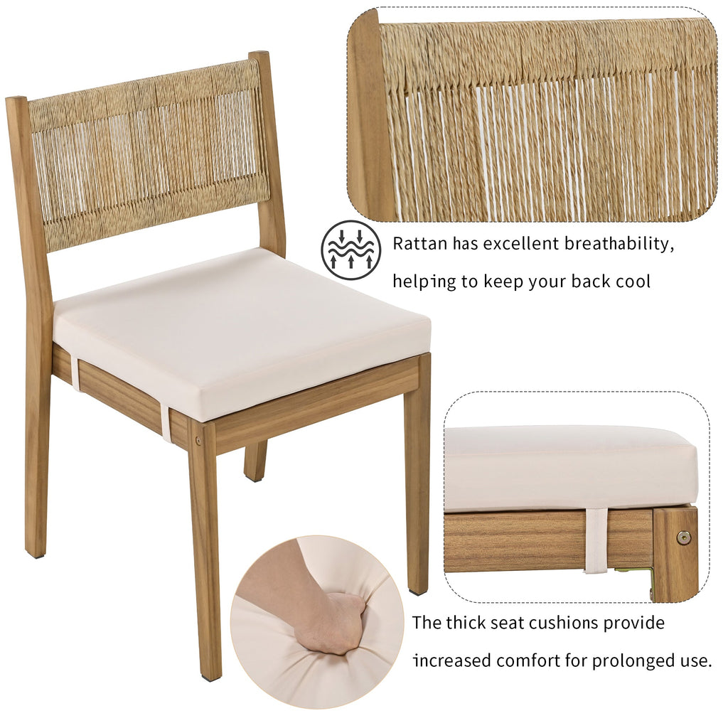U_Style Multi-person Outdoor Acacia Wood Dining Table and Chair Set, Thick Cushions, Suitable for Balcony, Vourtyard, and Garden.