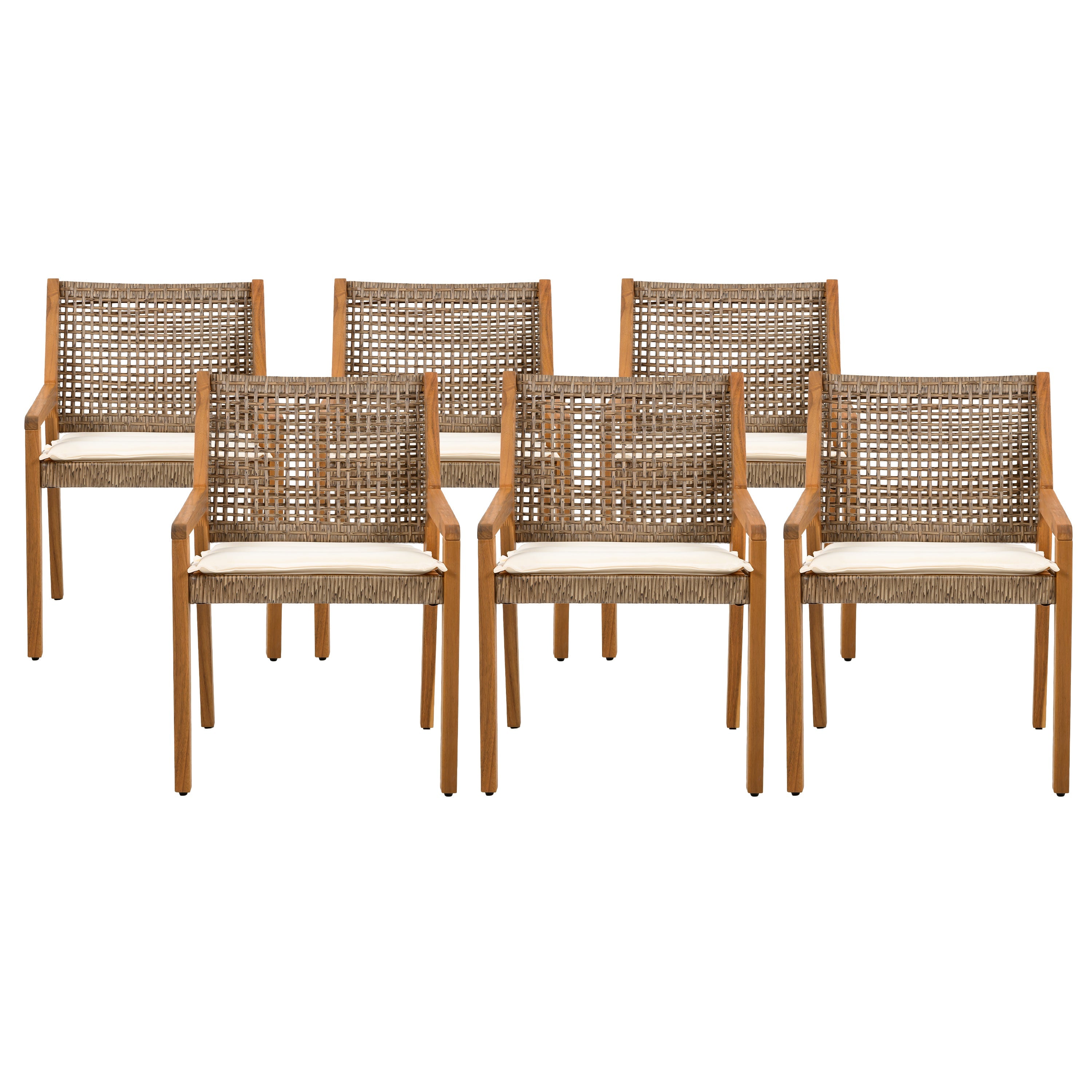 Outdoor Dining Set – Premium Acacia Wood Della Table & Wicker Chairs with Cream Cushion for Comfortable Dining Experience,Suitable for large gatherings(1 Table + 6 Chairs)