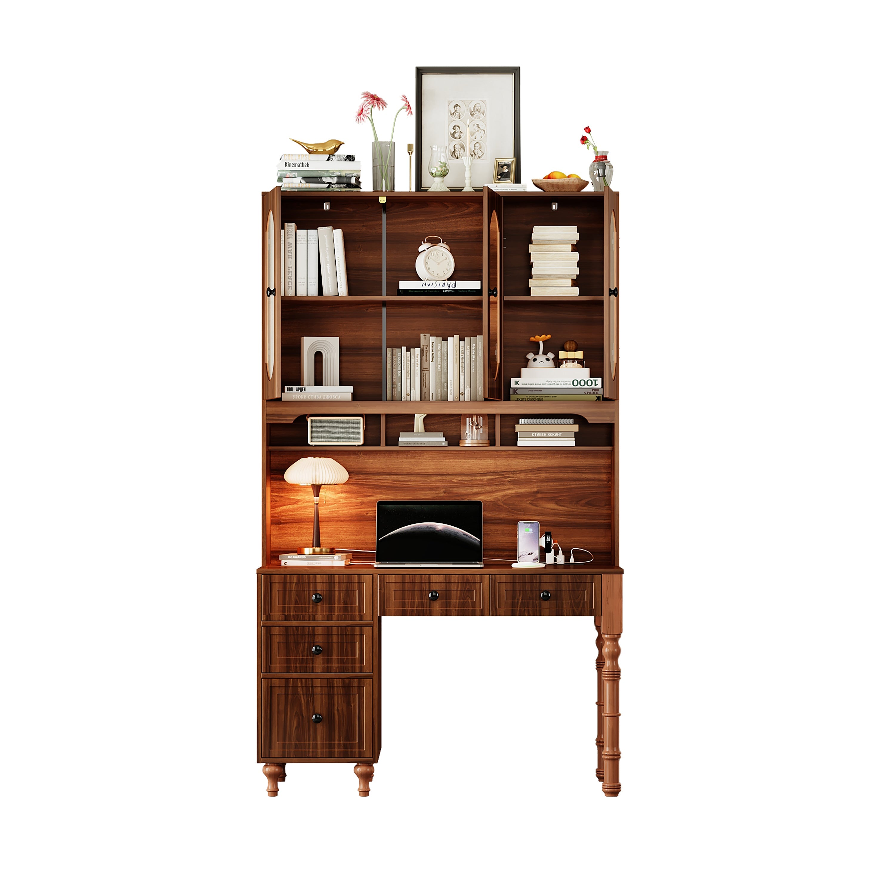 47'' Retro Desk with Charging Ports and Hutch Cabinet, Office Desk with 5 Storage Drawers and Transparent Glass-Door Bookshelf, Executive Computer Desk for Home Office, Bedroom, Walnut