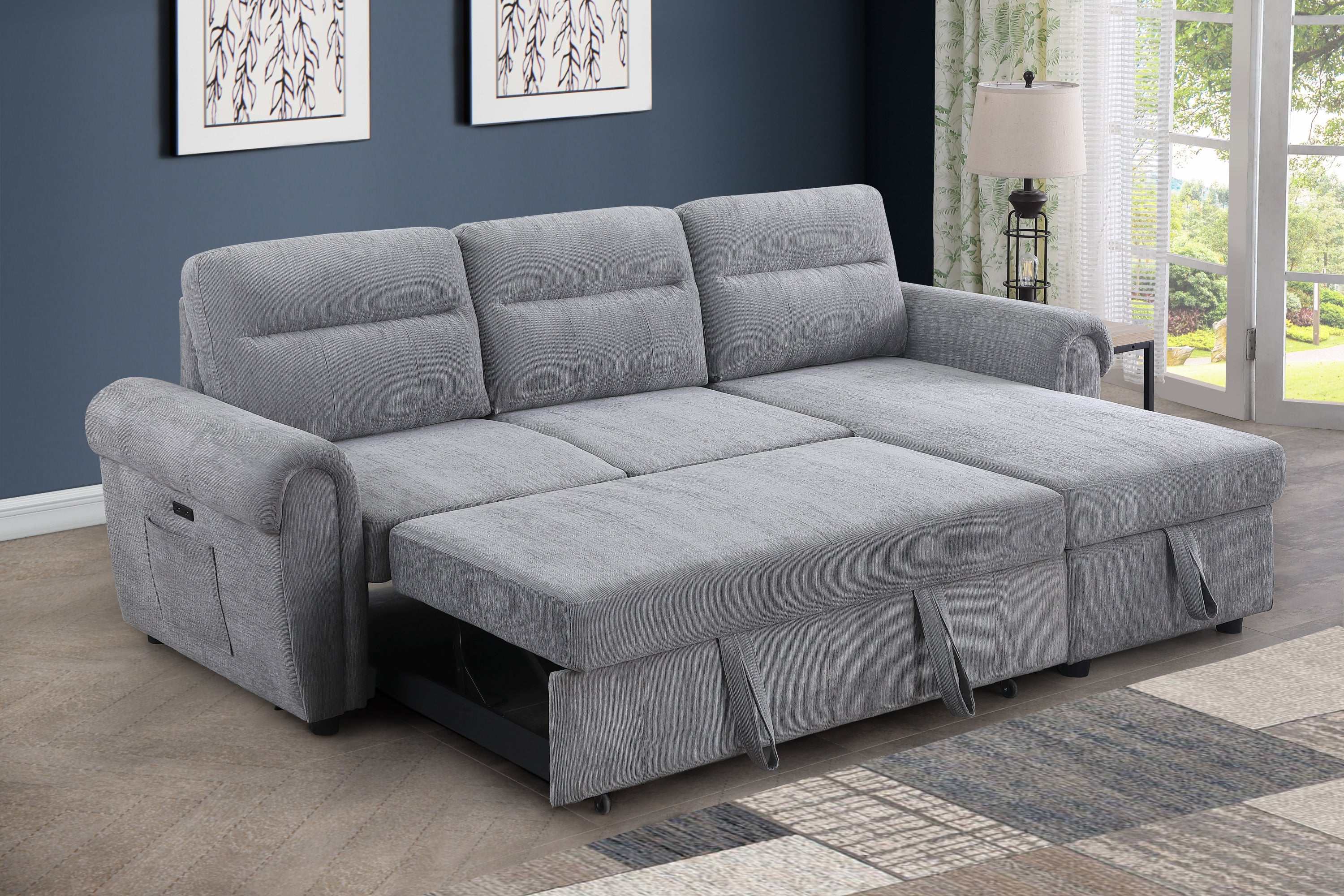 Hugo 97'W Light Gray Chenille Reversible Sleeper Sectional Sofa Chaise with USB Chargers, Phone/Magazine Pockets