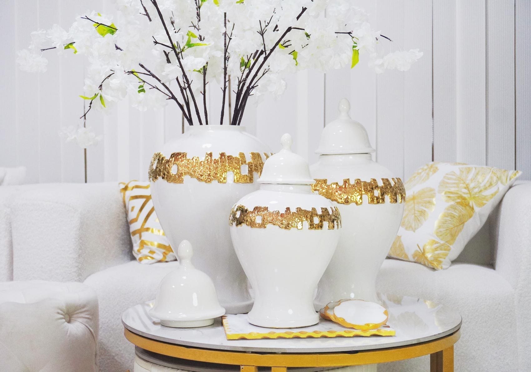 White Ginger Jar with Gold Ornament
