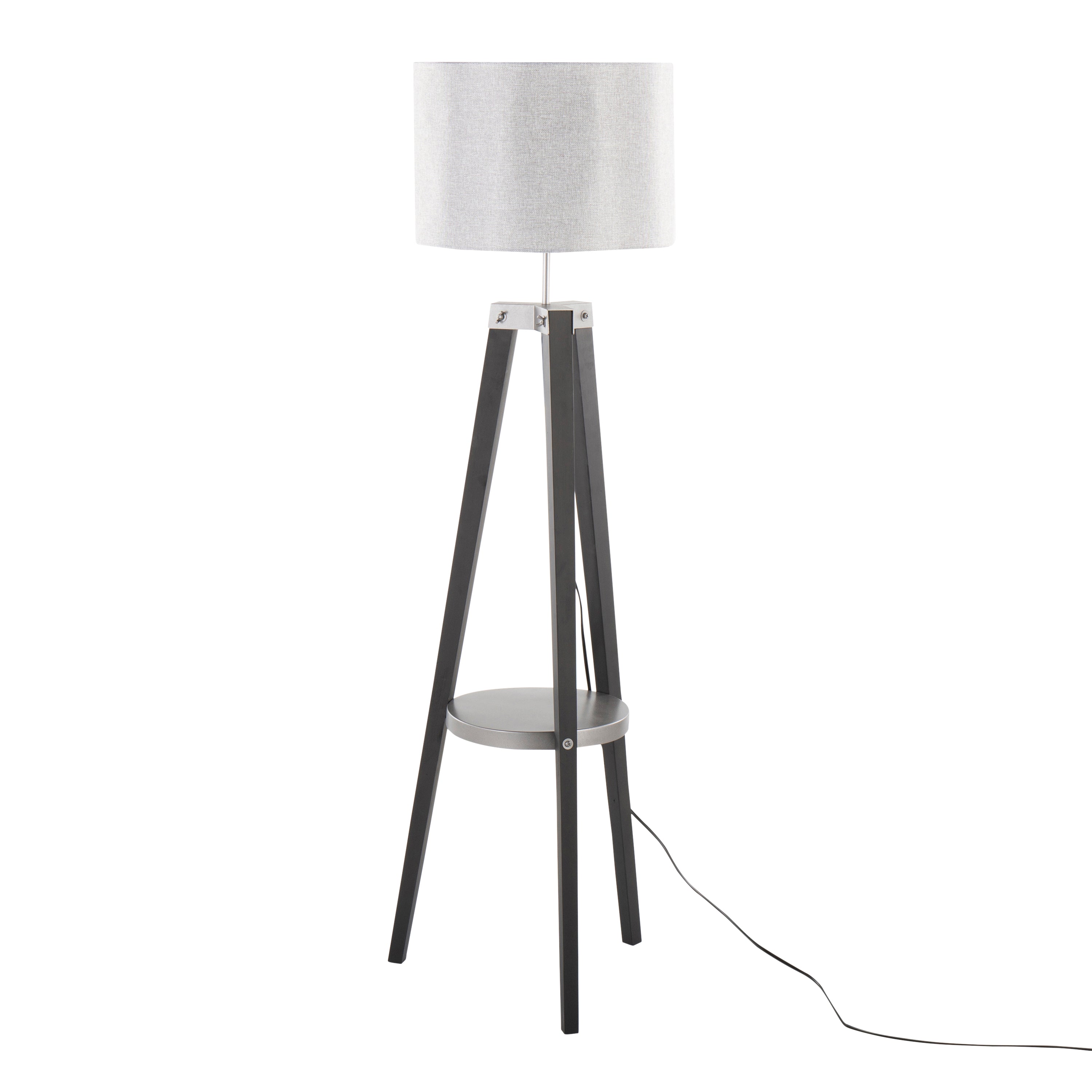 Compass Mid-Century Modern Floor Lamp with Shelf in Black Wood, Silver Metal and Grey Linen by LumiSource