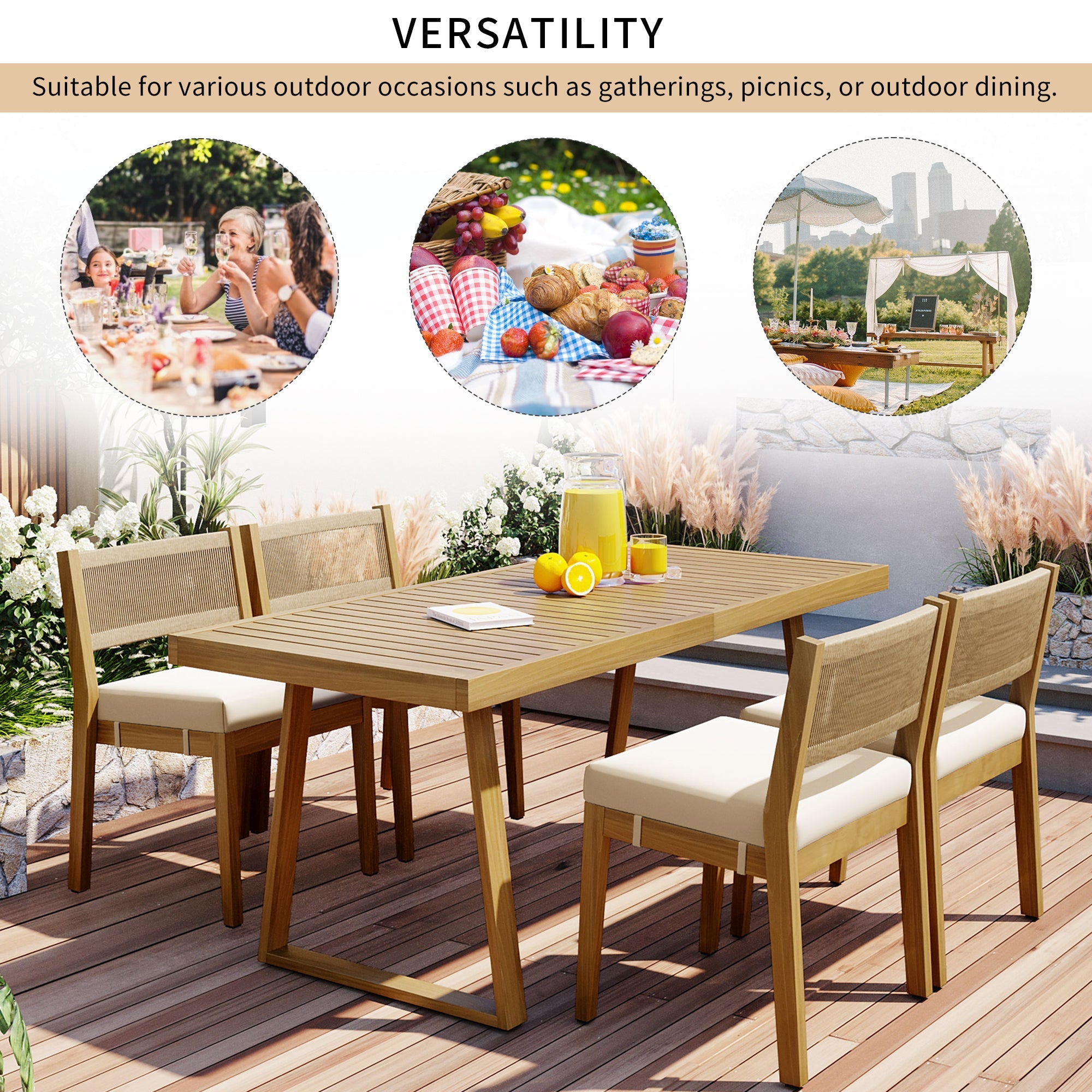 U_Style Multi-person Outdoor Acacia Wood Dining Table and Chair Set, Thick Cushions, Suitable for Balcony, Vourtyard, and Garden.