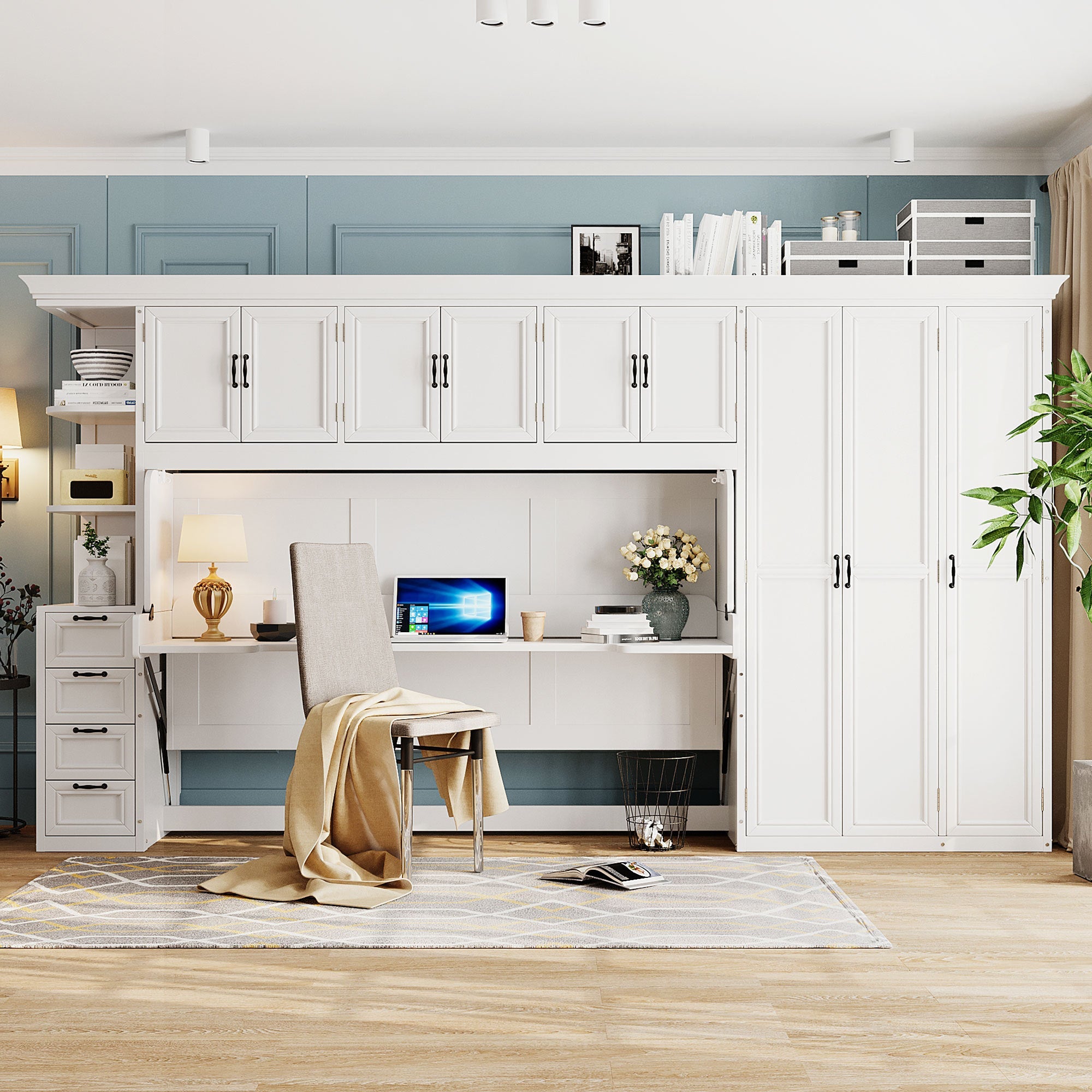 Twin Size Murphy Bed Wall Bed with Wardrobe, Cabinet and Desk, White