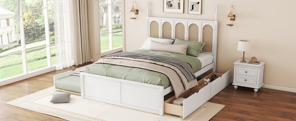 Queen Size Rattan Platform Bed With with 2 Big Drawers, T Size Trundle, White