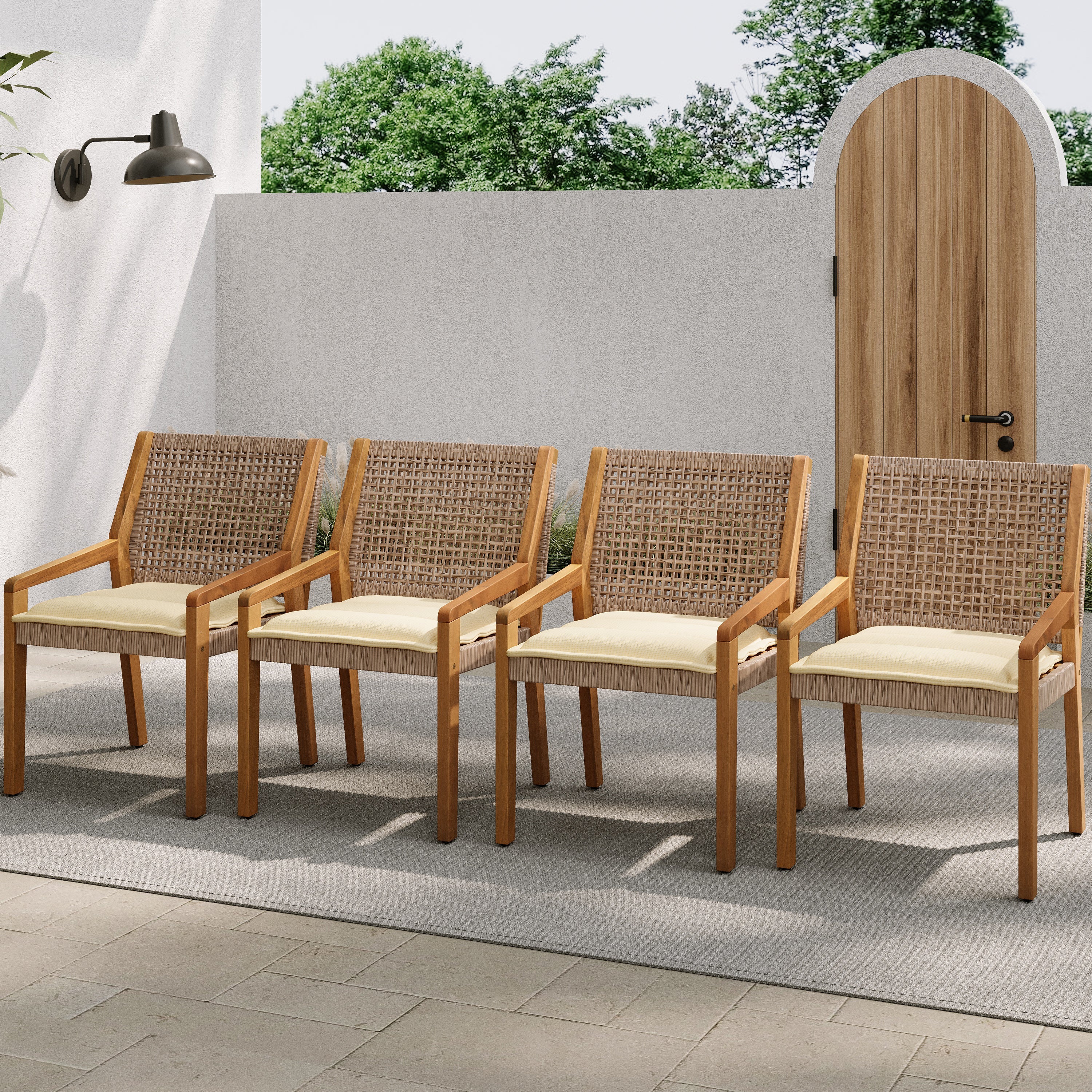 Outdoor Dining Set – Premium Acacia Wood Stamford Table & Wicker Chairs with Cream Cushion for Comfortable Dining Experience,Suitable for large gatherings(1 Table + 4 Chairs)
