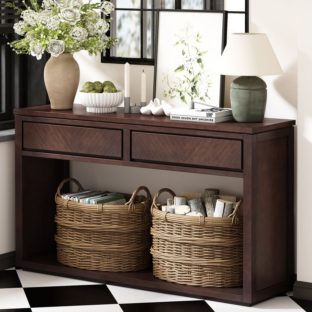 TREXM 55' Console Table, Rustic Wooden Entryway Table with Storage Drawers and Open Shelf, Elegant Sofa Table for Hallway and Living Room (Espresso)