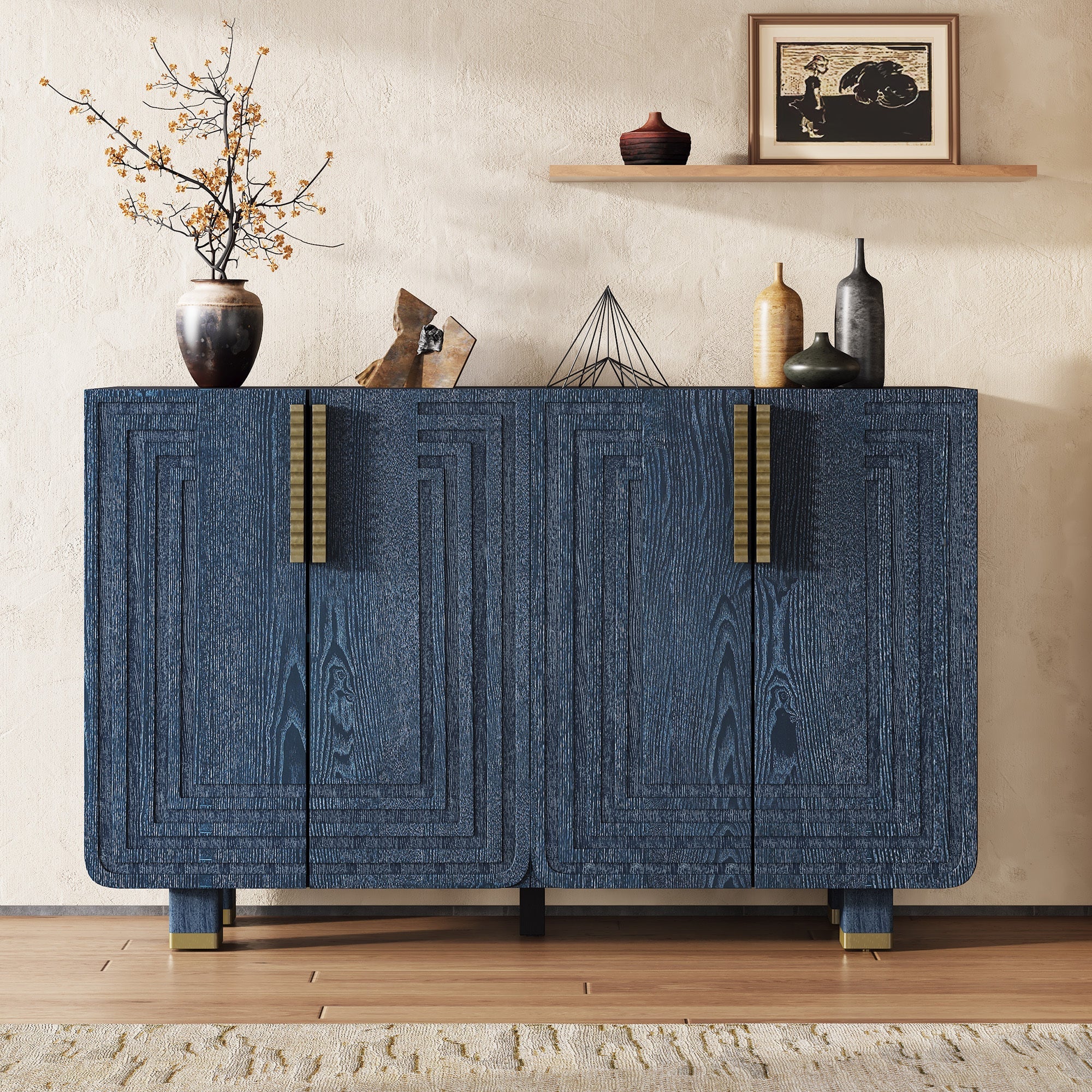 TREXM 54' Retro Buffet Cabinet with Storage, 4-Door Vintage Fluted Sideboard Cabinet with Adjustable Shelves for Dining Room, Kitchen, and Living Room (Antique Navy)