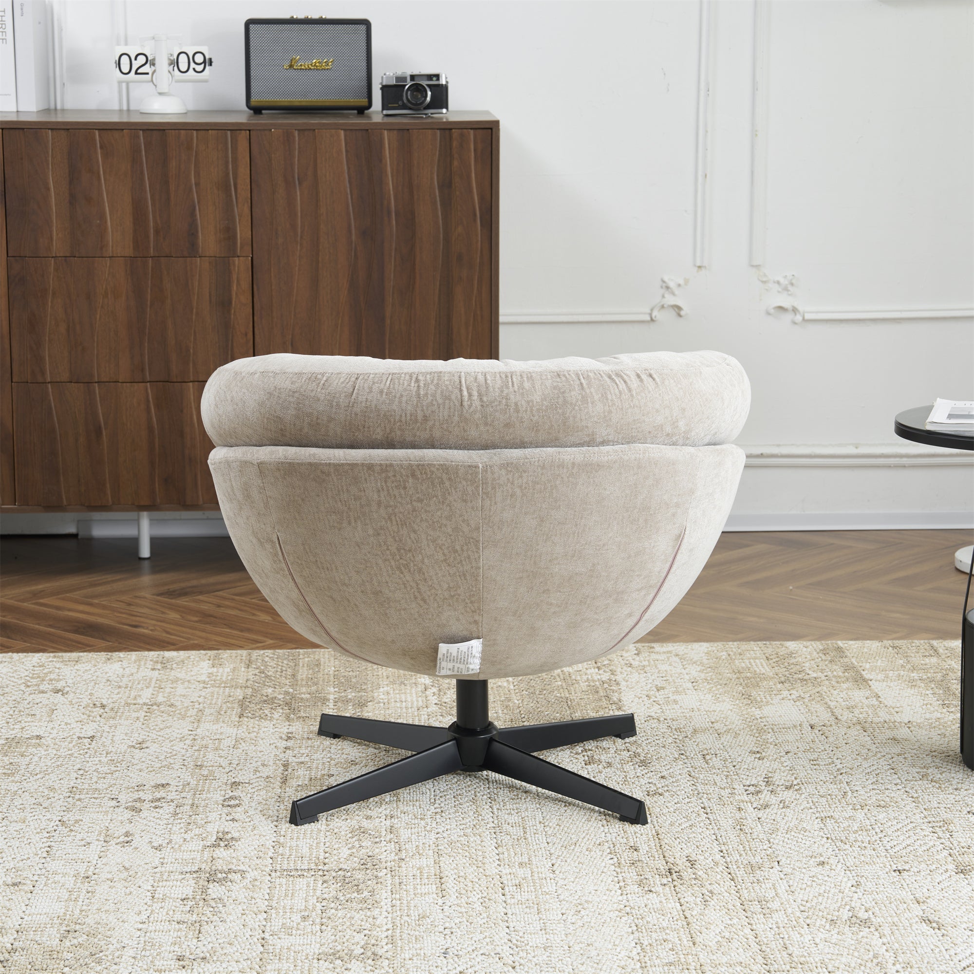Modern Chenille Office Chair, 360° Swivel Club Chair/Accent Chair with Removable Cushion, Round Office Chair, Black Metal Base, Cotton Material, Living Room, Bedroom, Reading Corner, Office (Brown)