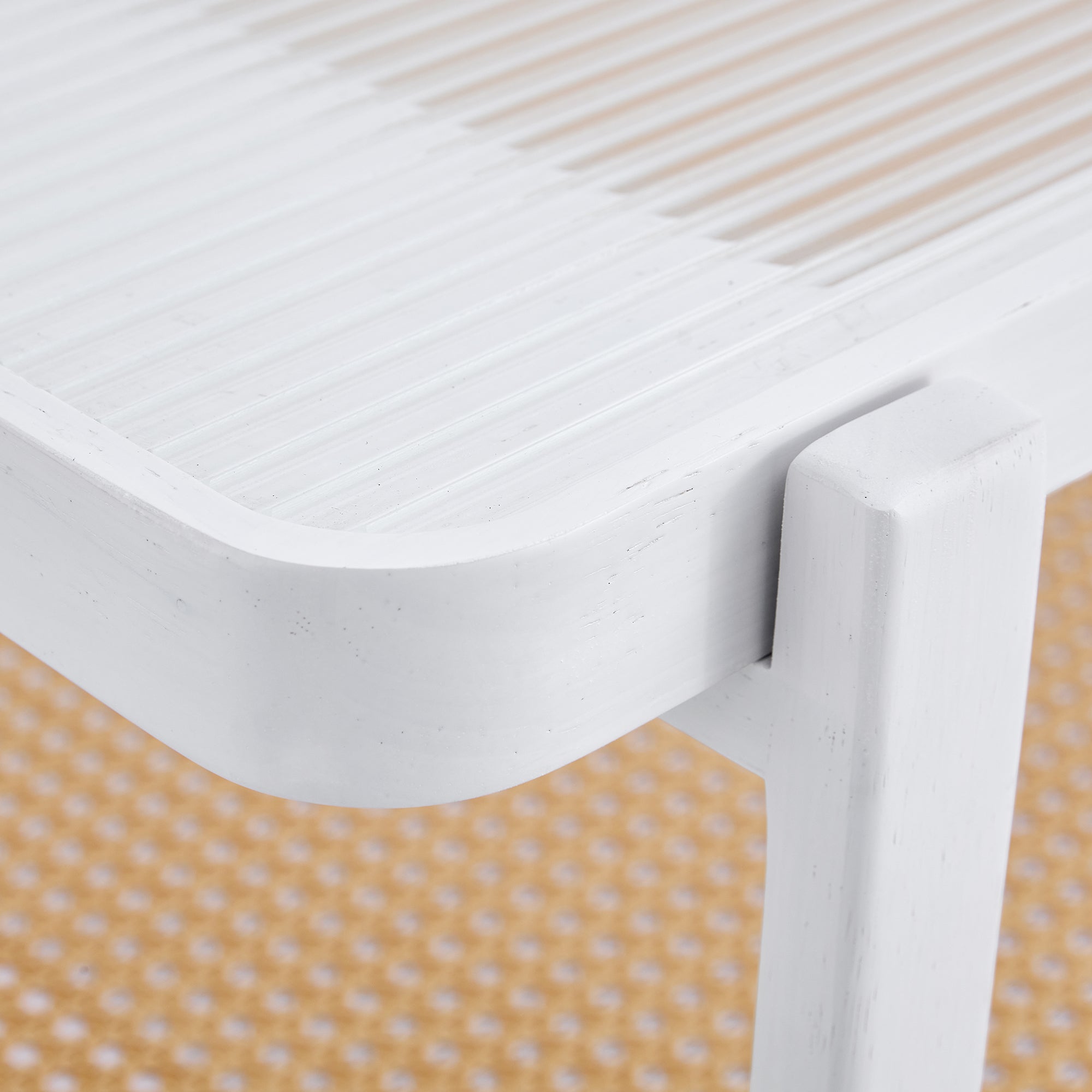 Modern minimalist white double layered solid wood coffee table. Glass tabletop, imitation rattan  edge table. Rectangular table suitable for living room, dining room, and bedroom