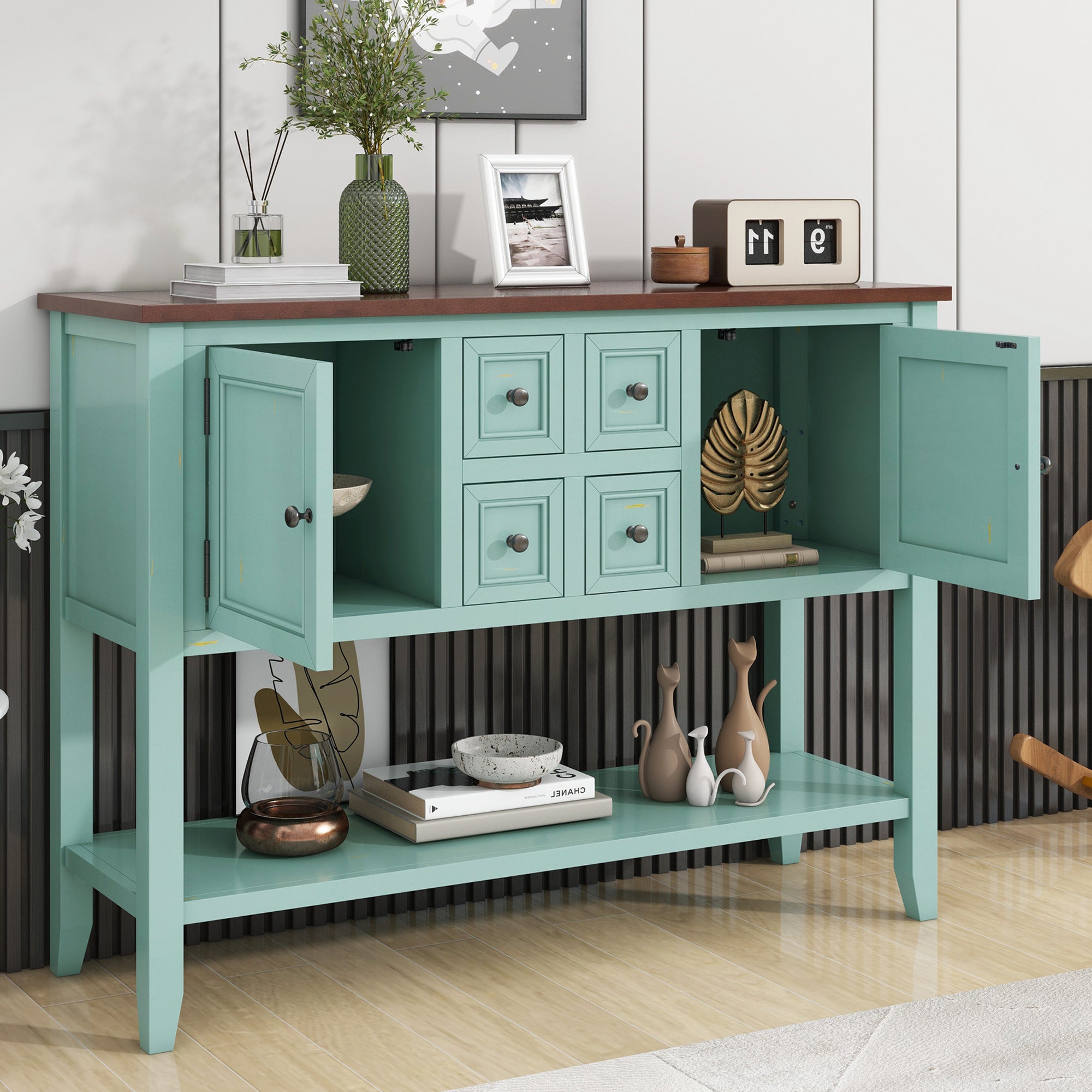 TREXM Cambridge Series  Ample Storage Vintage Console Table with Four Small Drawers and Bottom Shelf for Living Rooms, Entrances and Kitchens (Retro Blue, OLD SKU: WF190263AAC)