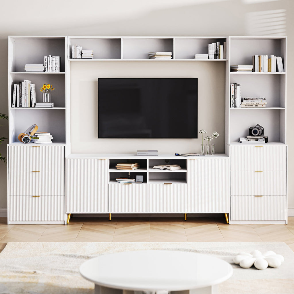 U-Can 4-Piece Entertainment Wall Unit with 13 shelves,8 Drawers and 2 Cabinets, Multifunctional TV Stand Media Storage Cabinet with Fluted Line Surface for Living Room, for TVs Up to 70'