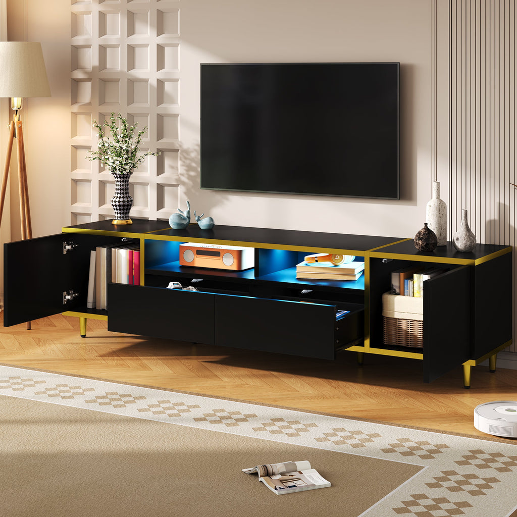 U-Can 70.9'' Modern TV Stand for TVs up to 80 Inches, Entertainment Center with 2 Shelves and  LED Lights, TV Storage Cabinet with 2 Drawers, 2 Cabinets and Metal Legs for Living room