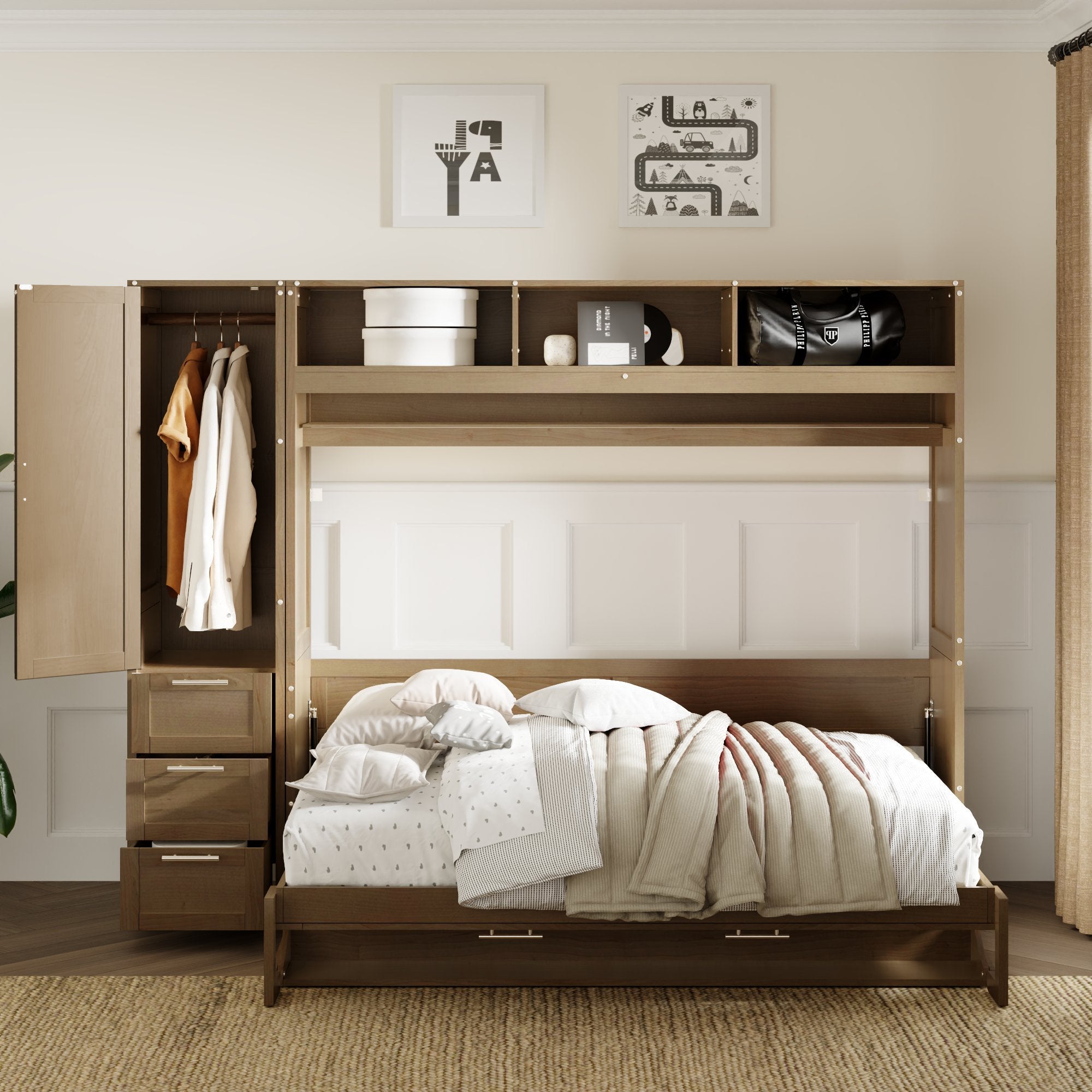 Full Size Murphy Bed with Wardrobe, Drawers and Open Shelves, Antique Wood