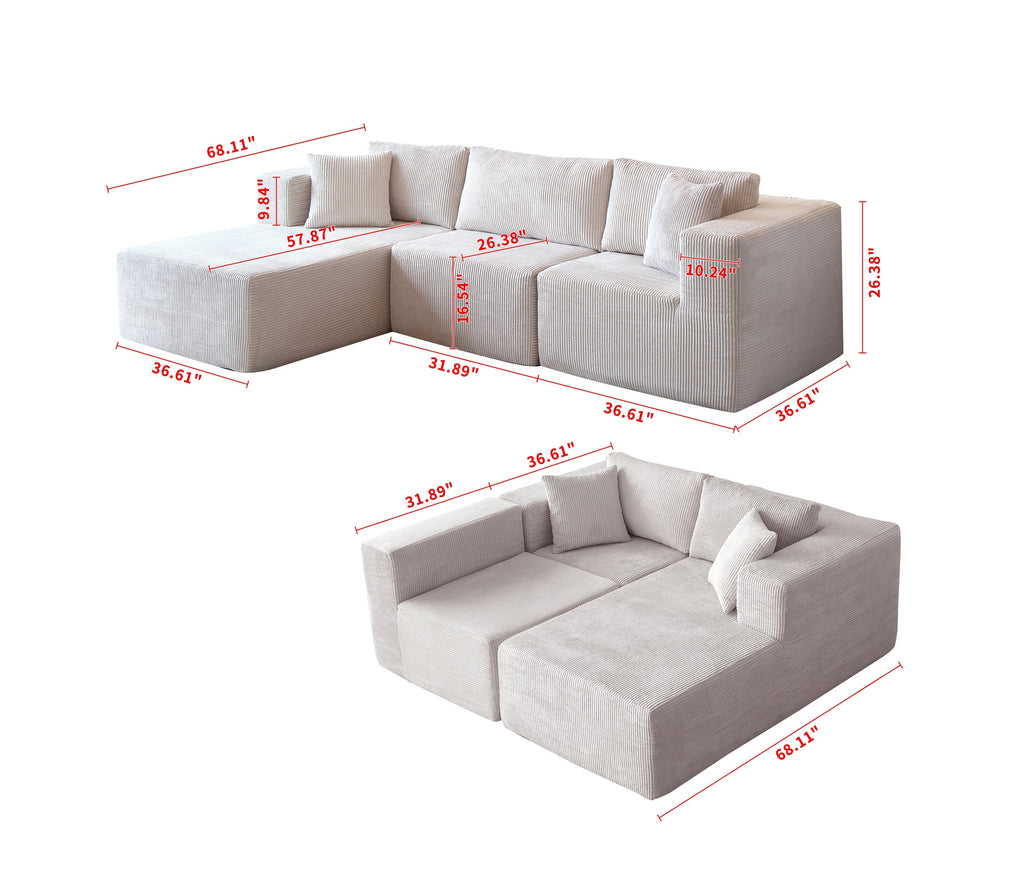 H613 Sectional Sofa and Module, Mid-Century Modern L Shaped Couches 3-Seat Sofa for Living Room Beige Left