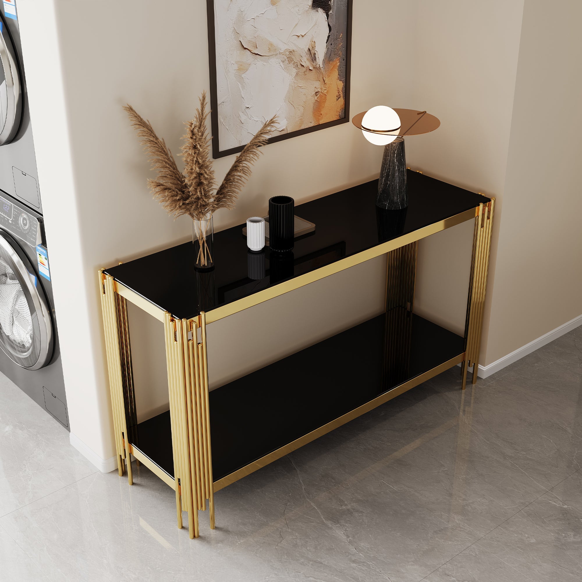 Top and Bottom Double Layer Tempered Glass Console Table and Mirror Finished Stainless Steel Frame