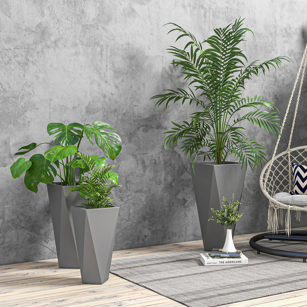 Outsunny Set of 3 Tall Planters, 28.75', 24.5', 20.5', MgO Indoor Outdoor Planters with Drainage Holes, Stackable Flower Pots for Garden, Patio, Balcony, Front Door, Gray