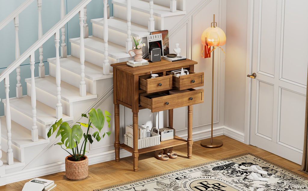TREXM Narrow Console Table, Slim Sofa Table with Three Storage Drawers and Bottom Shelf (Natural)