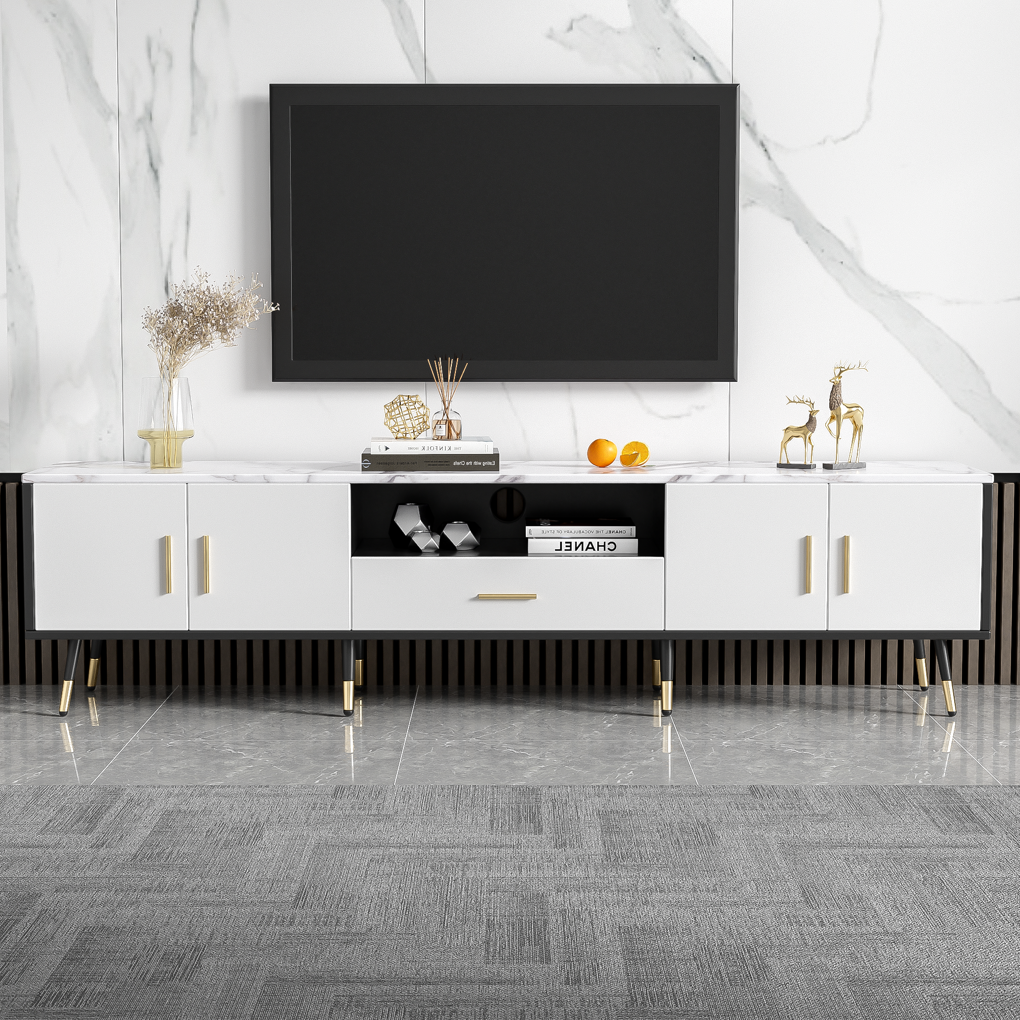 71'' Modern TV Stand with 2 Cabinets&  Open Compartments, Entertainment Center for TVs up to 80'', Television Console for Living Room, Bedroom, Home Theatre