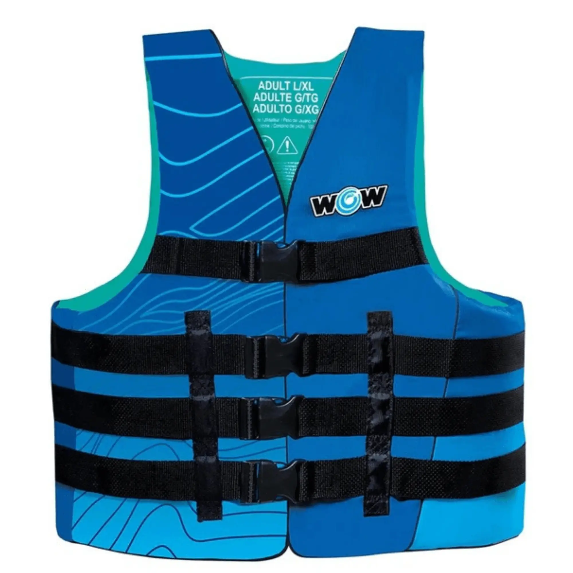 Life vest WOW Watersports Vis-Wave, blue with teal accents and WOW logo