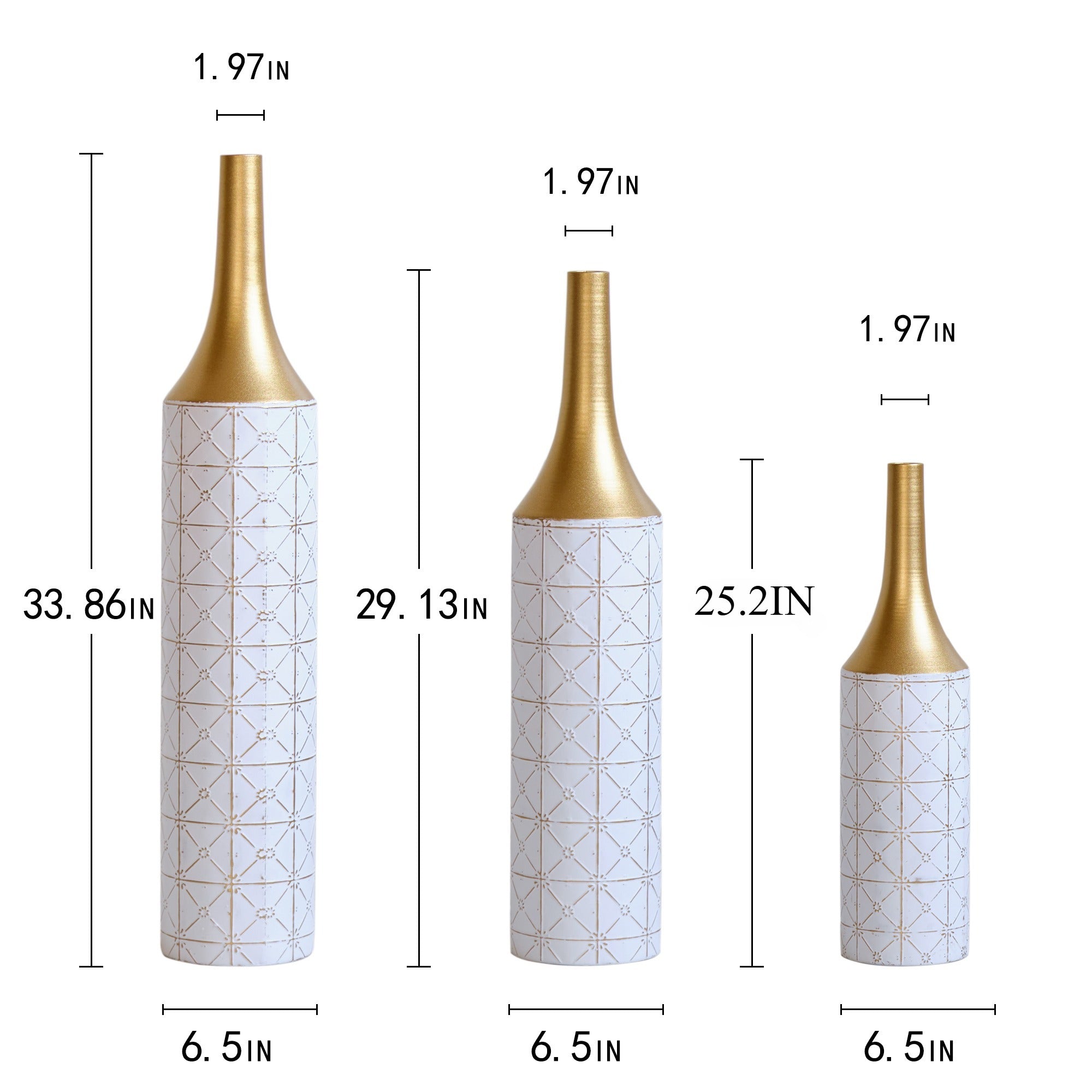 Floor Metal Vases Decorated White Metal Vases Set of 3 Gorgeous Home Decoration Large Glazed Metal Vases 24in/28.7in/33.5in Height