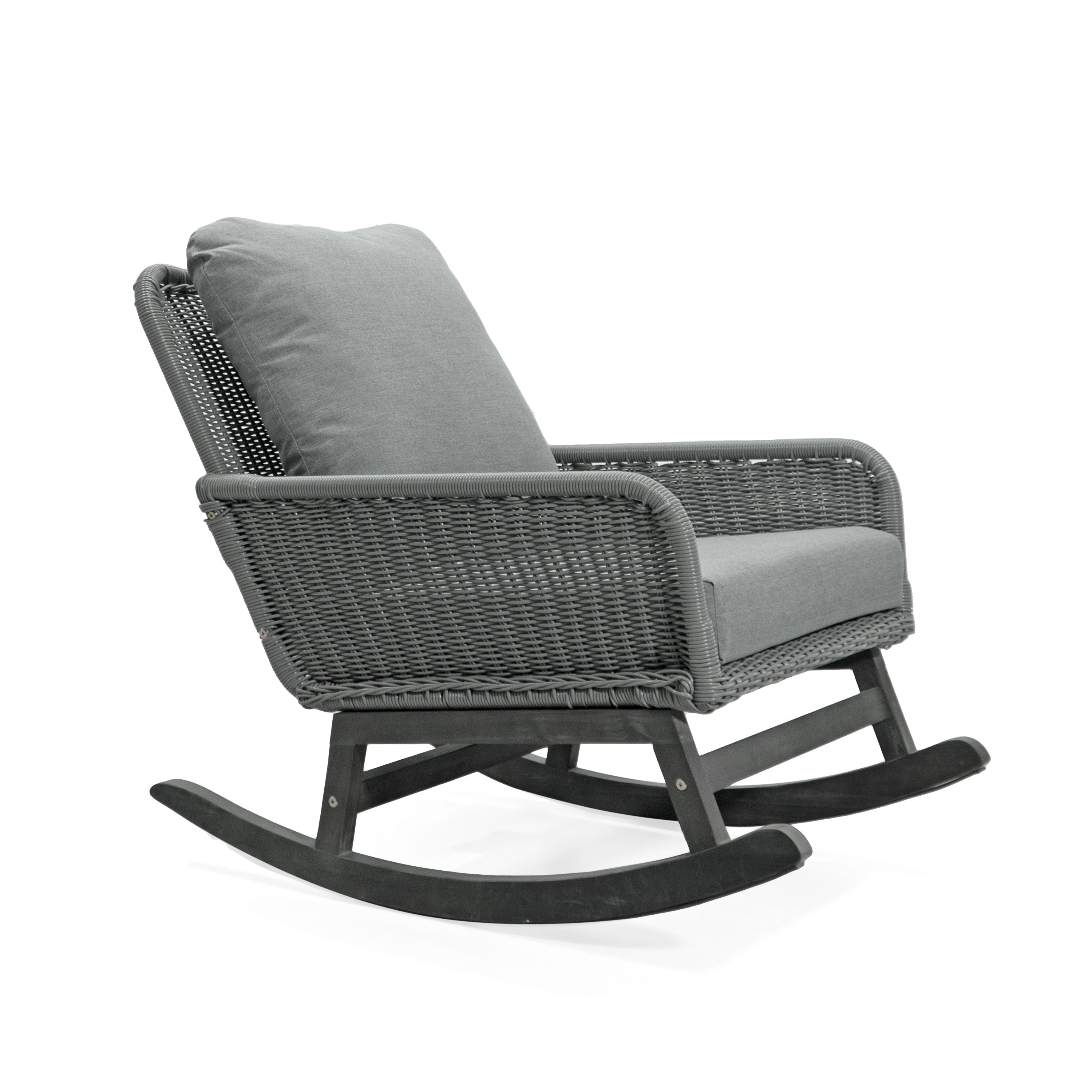 Modern 3-Piece Outdoor Seating Set with Gray Cushioned PE Rattan Rocking Chairs and Wooden Accent Table, Perfect for Patio or Balcony Relaxation