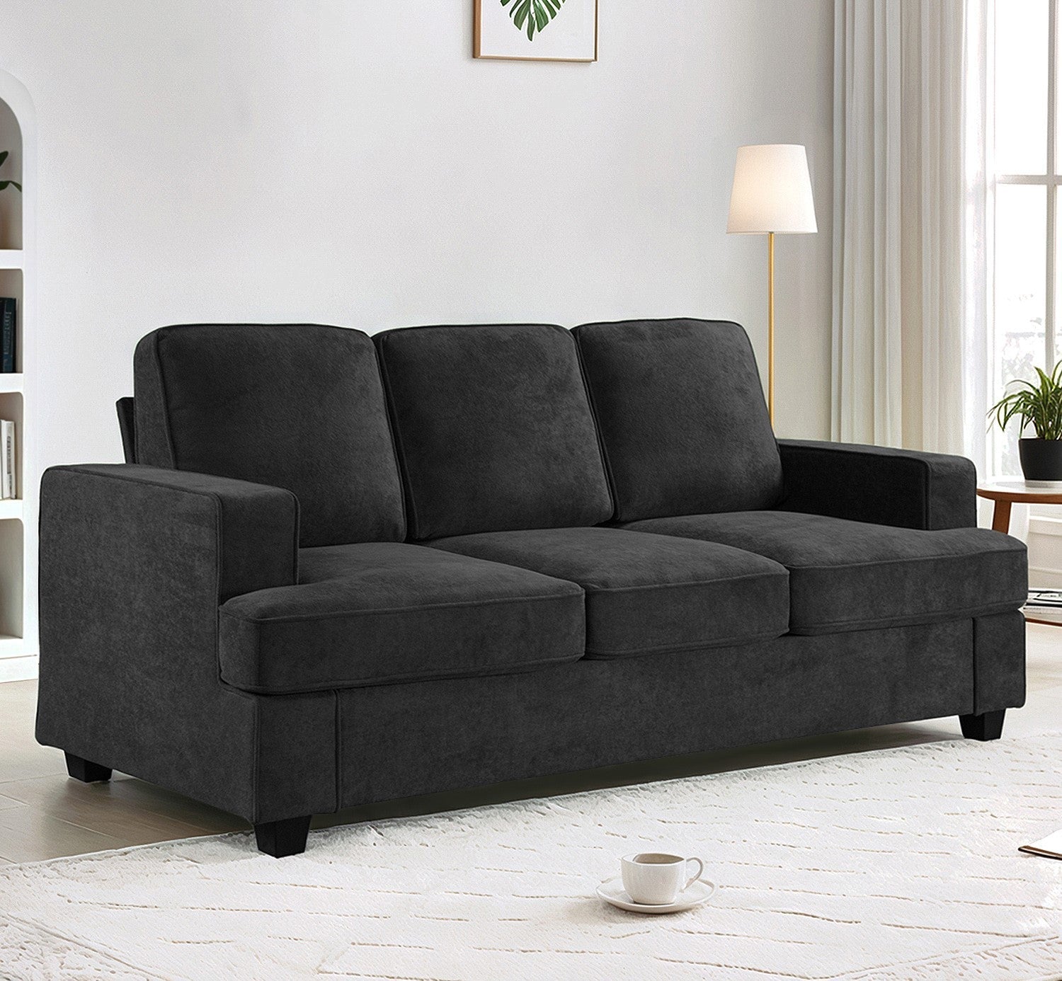 Modern Velvet Sofa, Comfortable 3 Seater Couch with Deep Seating and High-Density Foam, Loose Back Cushions, Wide Arms, Living Room Furniture for Home, Apartment, Office, Black