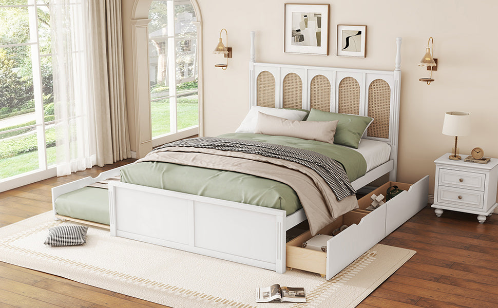 Queen Size Rattan Platform Bed With with 2 Big Drawers, T Size Trundle, White