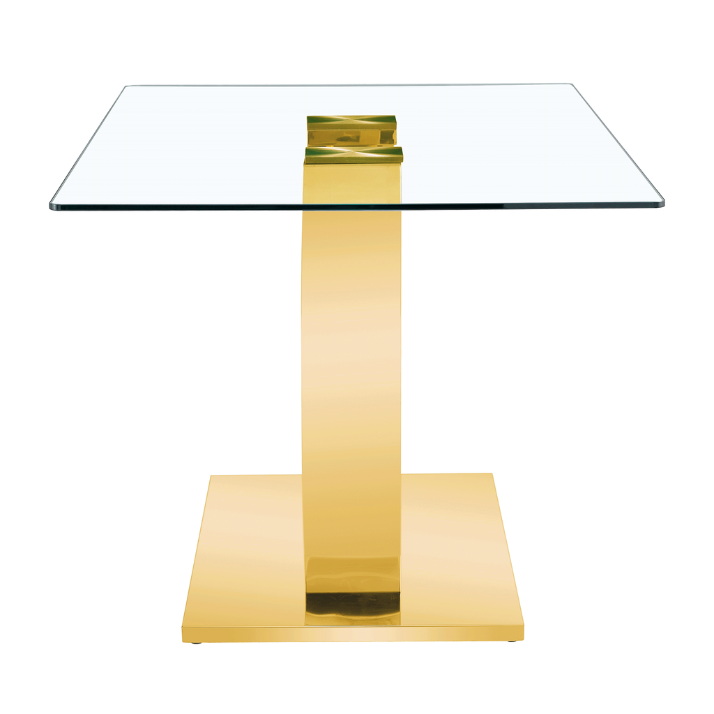 63 x 35.4 x 30-inch Transparent Glass Dining Table - A Perfect Blend of Durability and Elegance.Transparent Tempered Glass Tabletop,Golden stainless steel metal table legs.