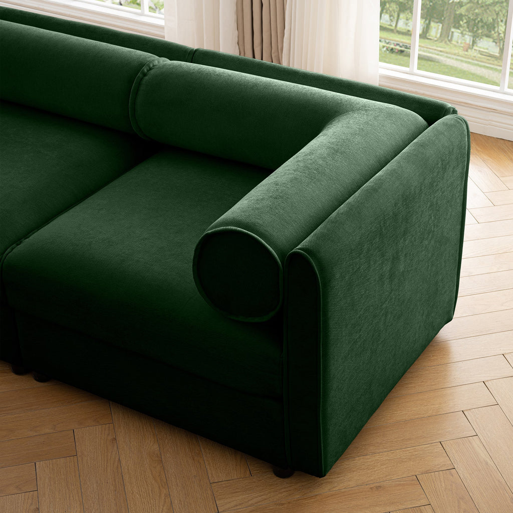 Elegant Green Chenille  Sofa with Storage Seat and Ottoman, L-Shaped 3-Seater Cylindrical Backrest and Armrests, Contemporary 3-Seater Fabric Couch with Hidden Storage Compartment