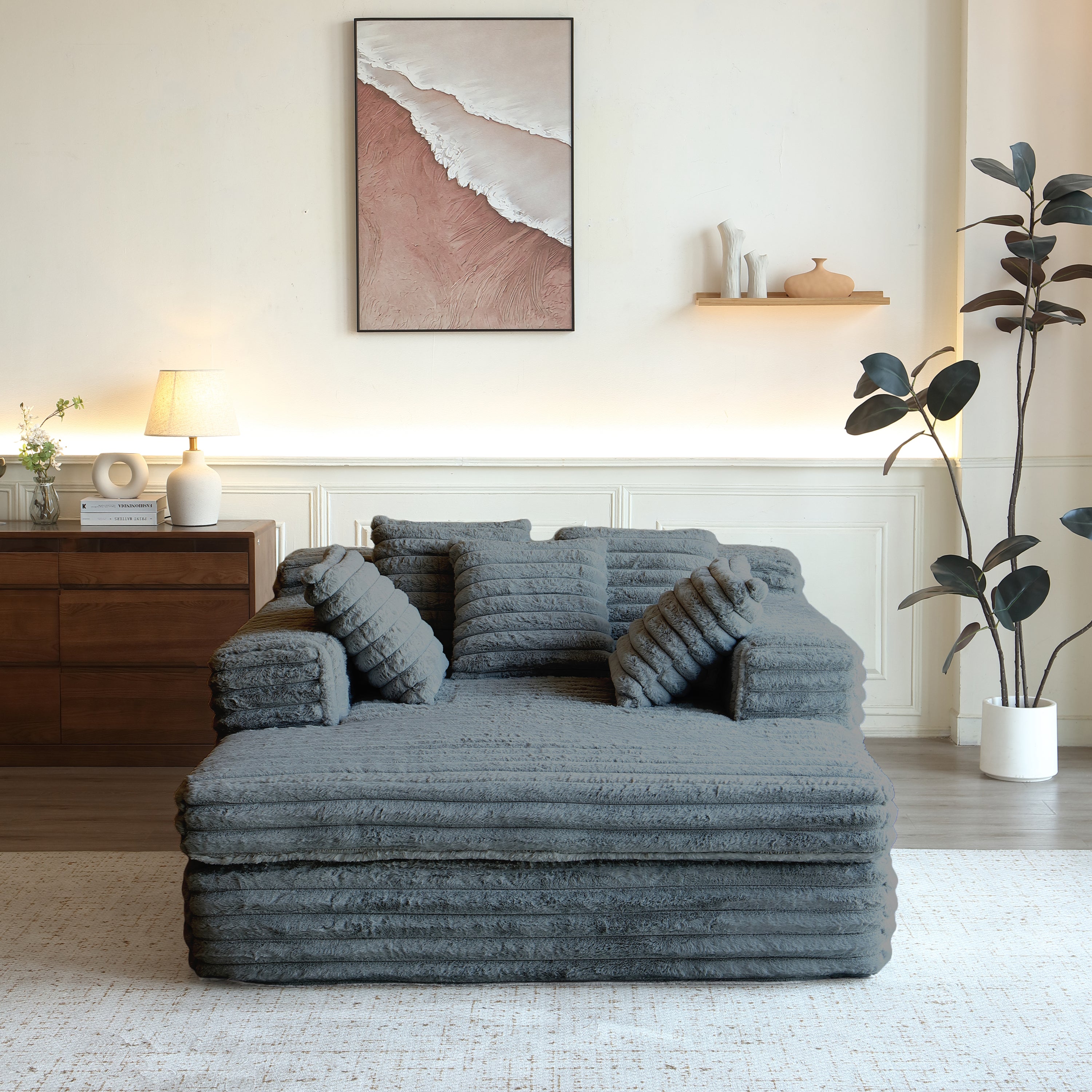 Chaise Lounge Indoor, Upholstered Sofa Bed with Throw Pillows and Armrests, Sleeper Chair- Plush Chair Bed for Living Room, Dark Grey