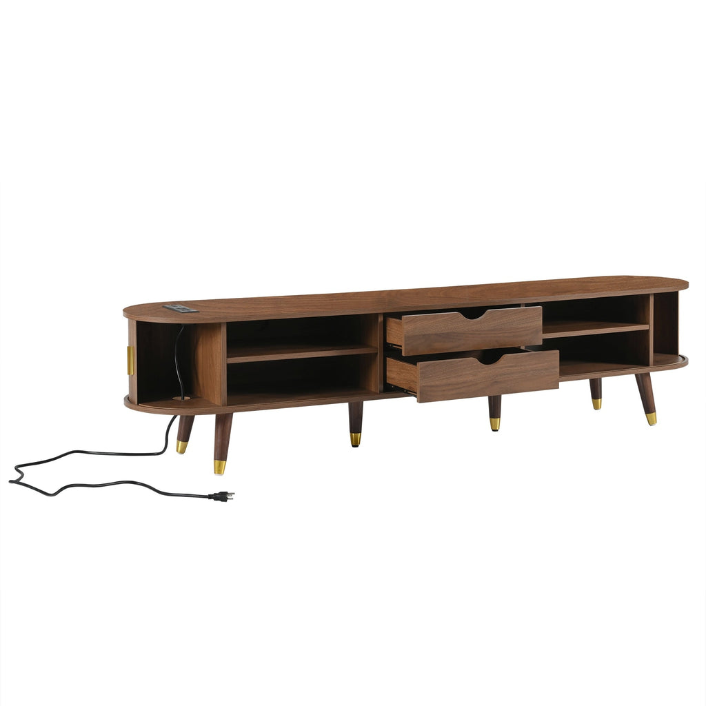 Wooden Farmhouse TV Stand & Coffee Table Set with Charging Station, Oval Fluted Media Console with Sliding Doors for TVs up to 80', Mid-Century Center Table with Solid Wood Legs for Living Room,Walnut