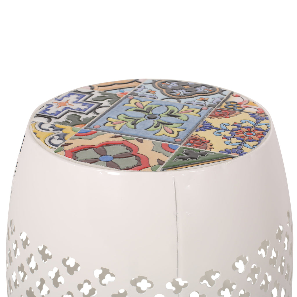 Transitional ROSWELL Side Table with Tile Mosaic Top and Lace Cut Metal Frame in White, Iron, 12.25x12.25x18 Inches