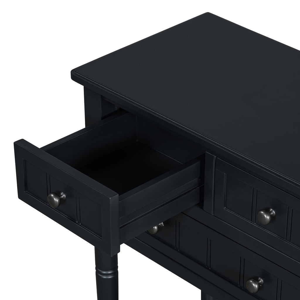 TREXM Narrow Console Table, Slim Sofa Table with Three Storage Drawers and Bottom Shelf (Black)