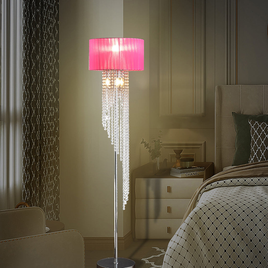 65.75'H Sheer Hot Pink Drum Shade Rain Crystal Chrome Metal Floor Lamp for Living Room, Standing Lamp for Bedroom