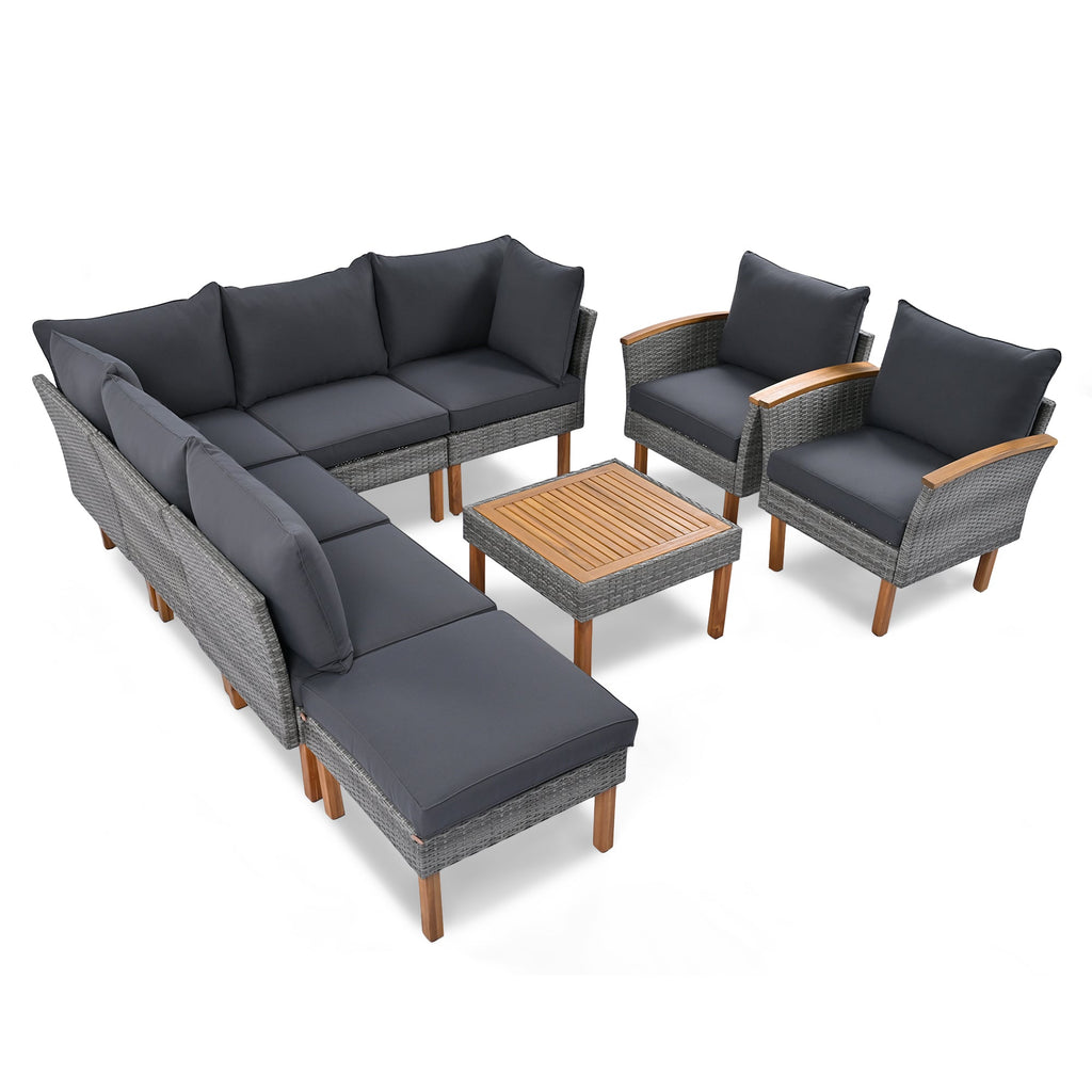 GO 9-Piece Patio Rattan Furniture Set, Outdoor Conversation Set With Acacia Wood Legs and Tabletop, PE Rattan Sectional Sofa Set with Coffee Table, Washable Cushion, Gray